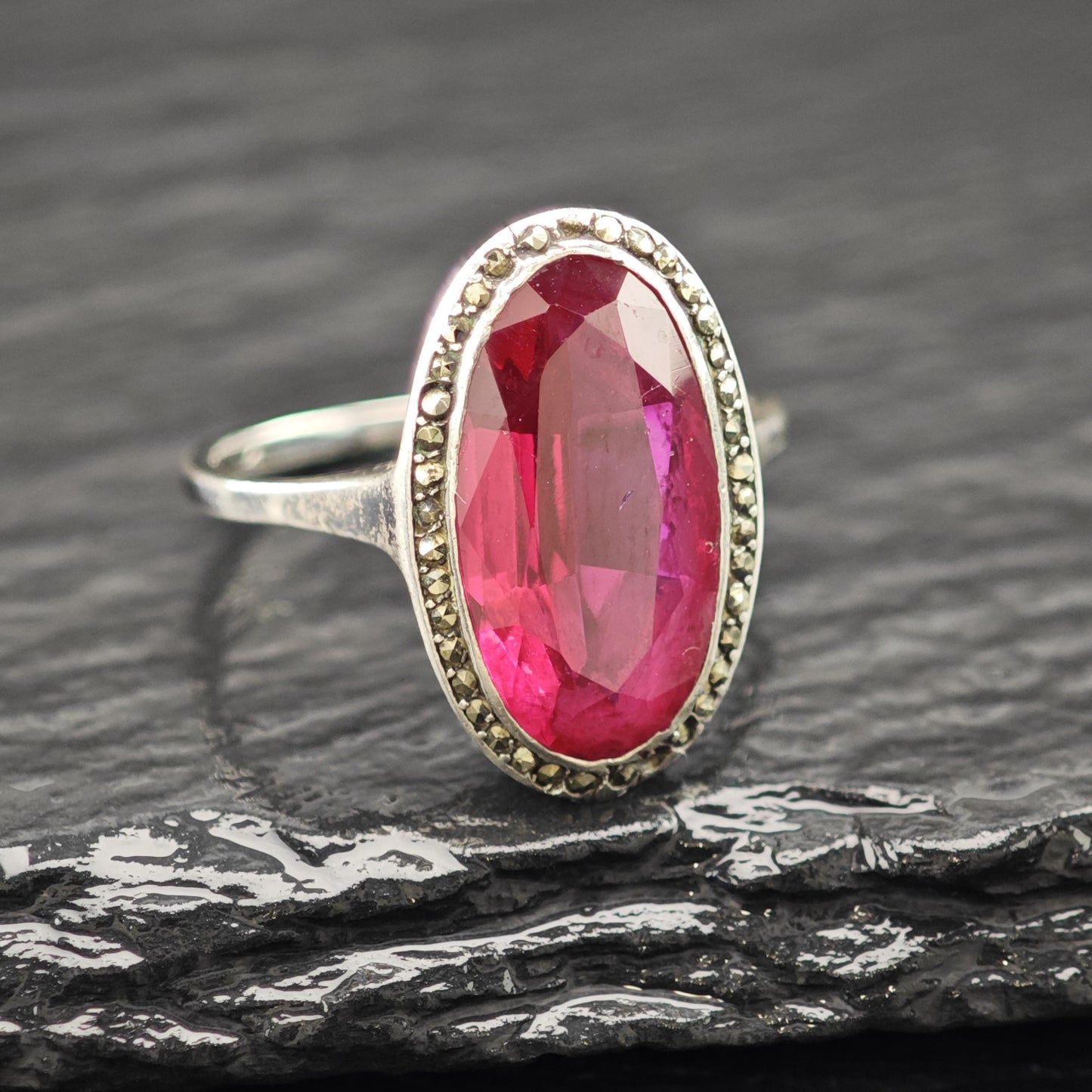 Art Deco Style Lab Ruby Ring Sterling Silver Sz 7 R6186