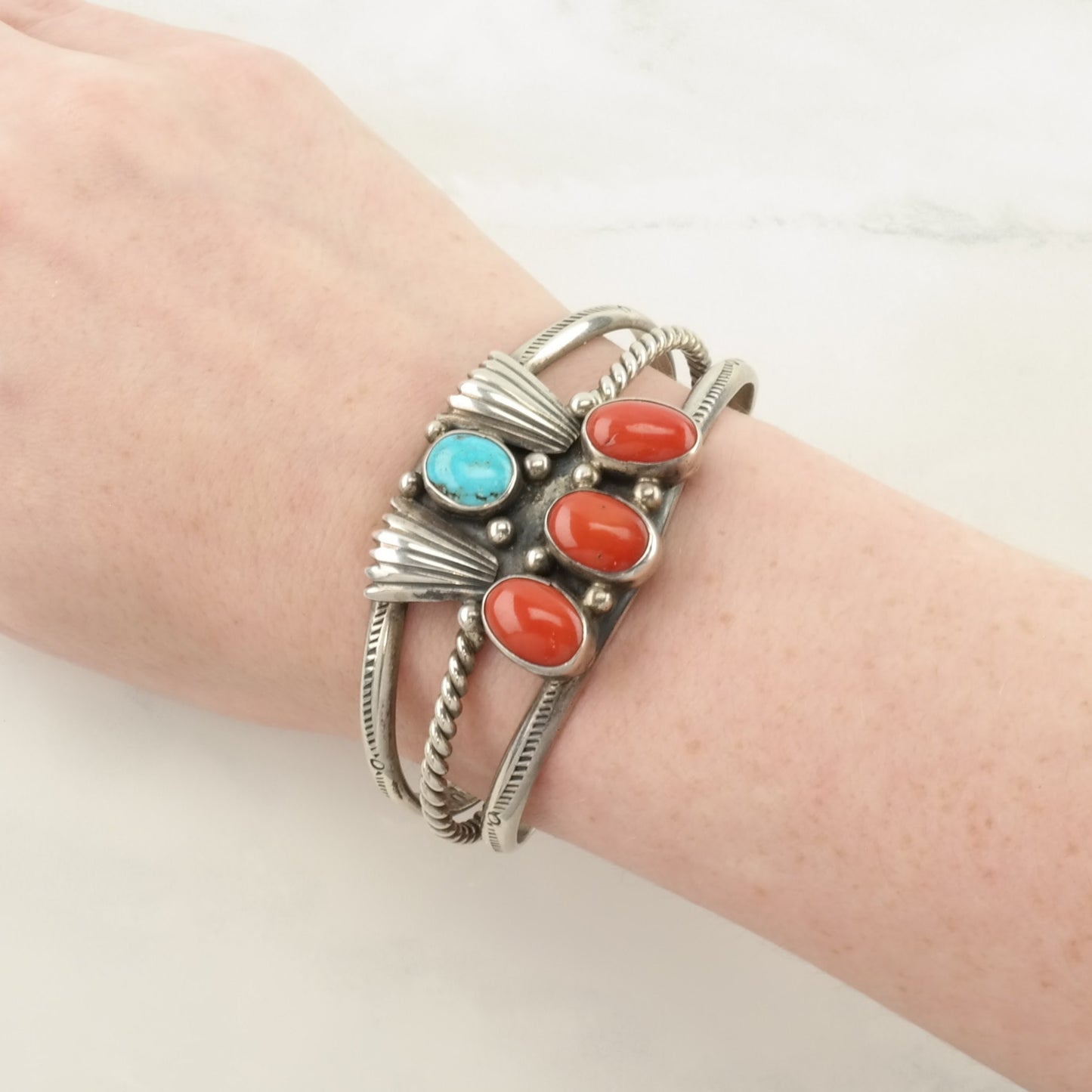 Native American Sterling Silver Cuff Bracelet Red, Blue Coral, Turquoise