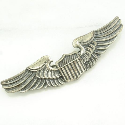 WWII Sterling Silver Brooch 3" Size, Large Pilot, Airforce, Wings