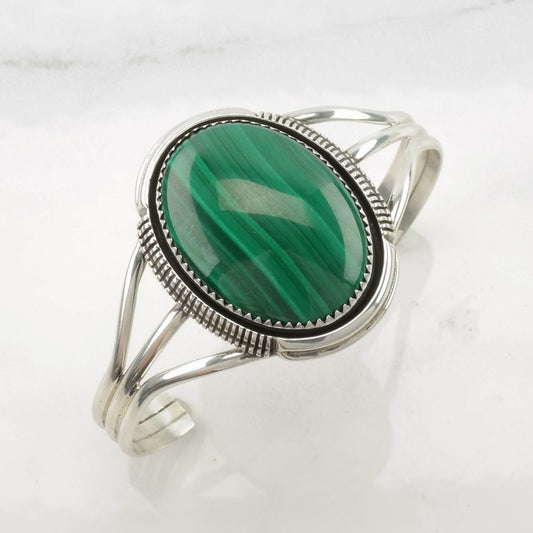 Native American Sterling Silver Cuff Bracelet Green Malachite