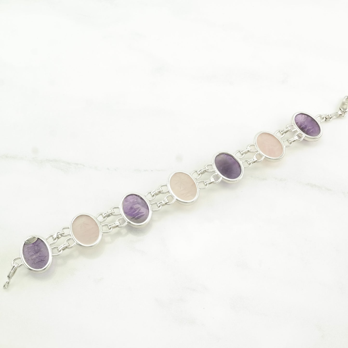 Egyptian Revival Sterling Silver Link Bracelet Pink, Purple Amethyst, Rose Quartz Carved Scarab, Beetle