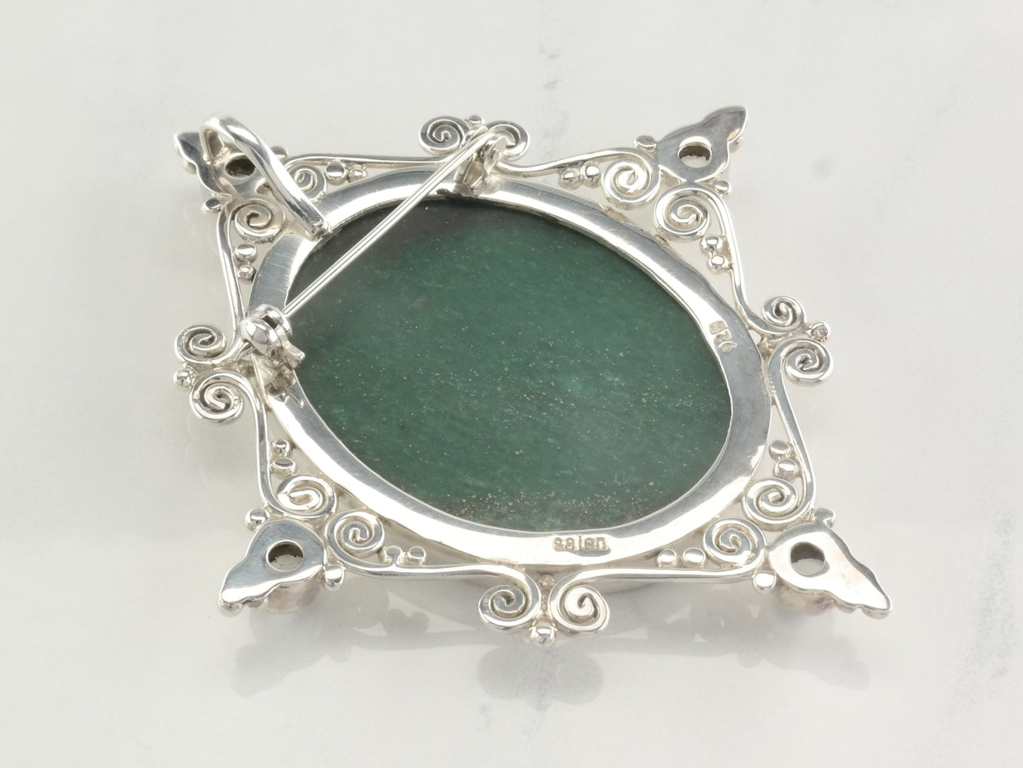 Vintage Sajen Carved Jade Pendant, Brooch Sterling Silver Green