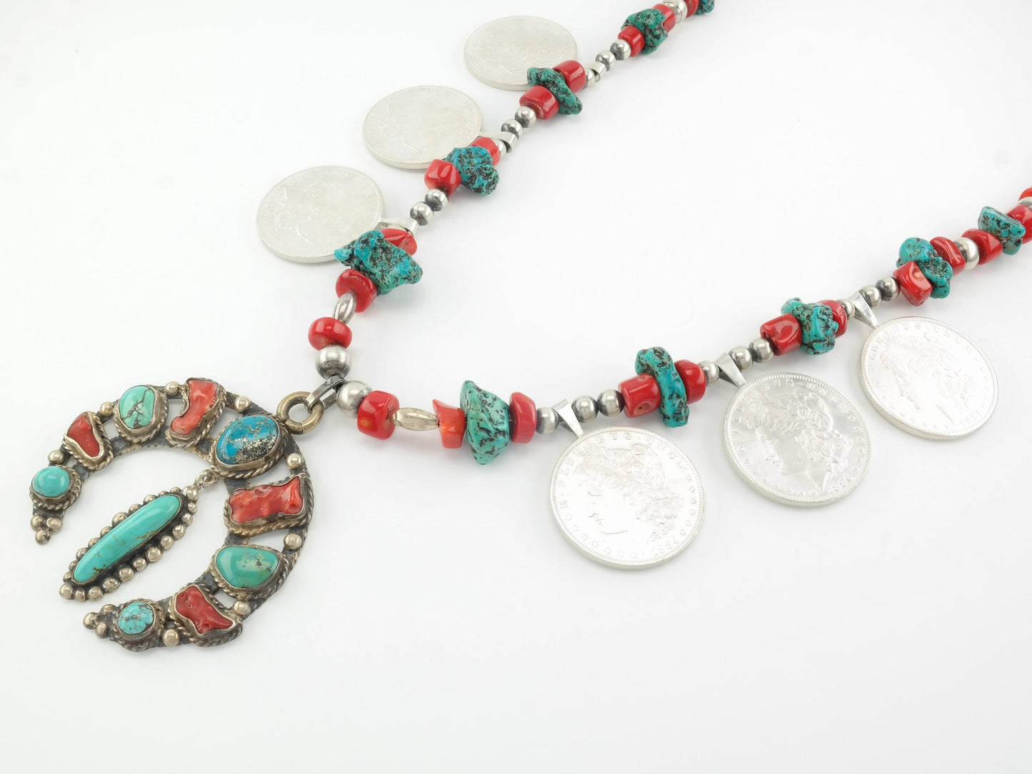 Iron Wolf Thompson Sterling Silver Turquoise, Coral, Morgan Dollars Squash Blossom Necklace