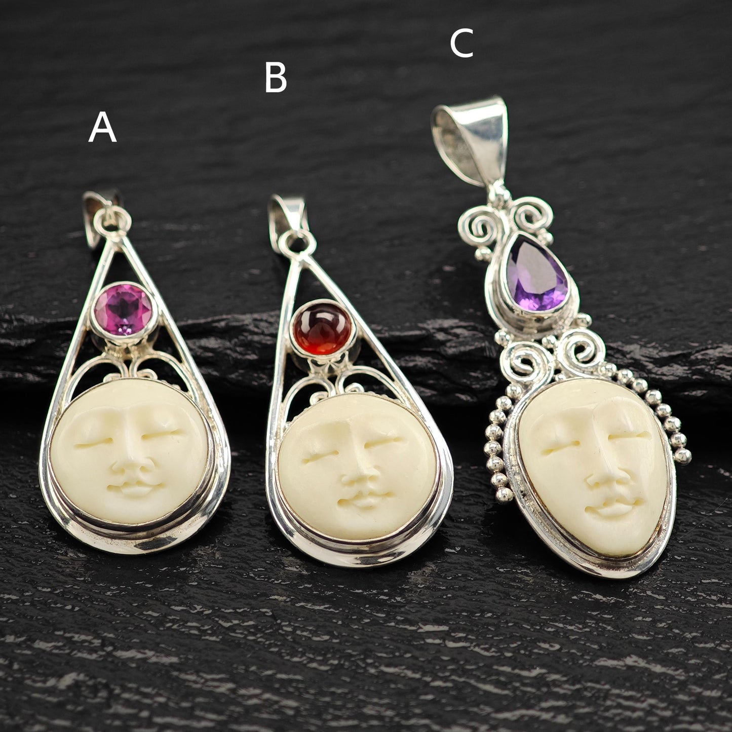Choice of Bali Princess, Carved Face Pendant Sterling Silver