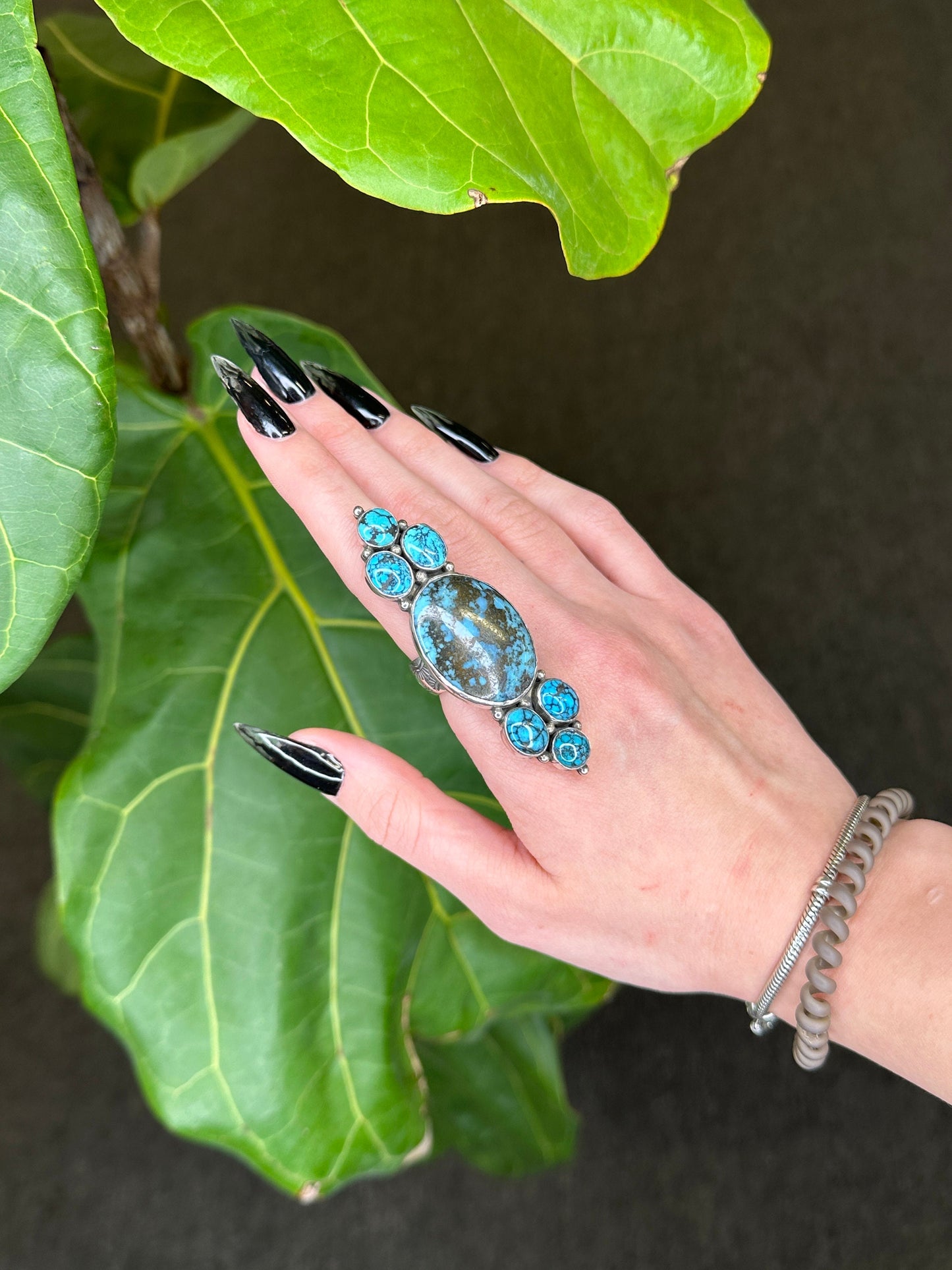 Vintage Native American Silver Ring Spiderweb Turquoise Long Sterling Size 7 1/2