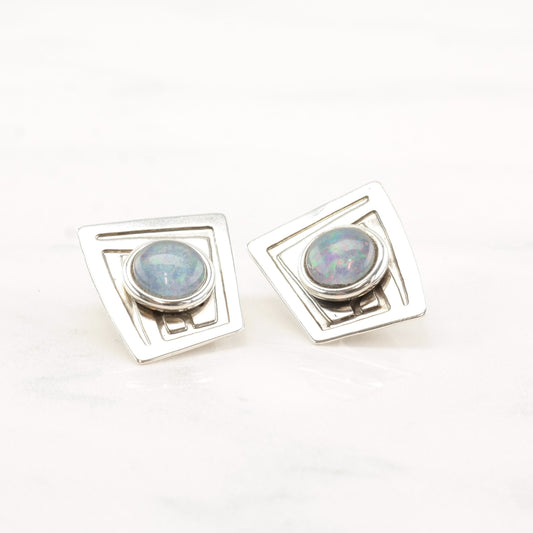 Stamas Sterling Silver Opal Doublet Circle Stamped Earrings Clip On