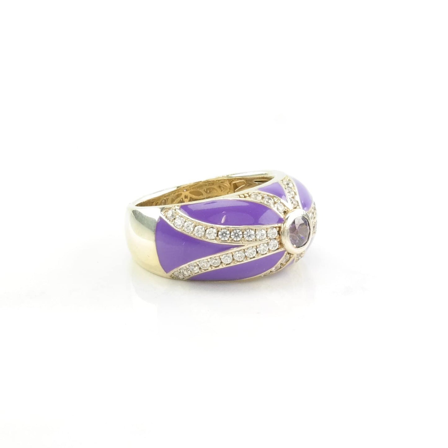 Sterling Silver Ring CZ, Enamel Striped Purple Size 6