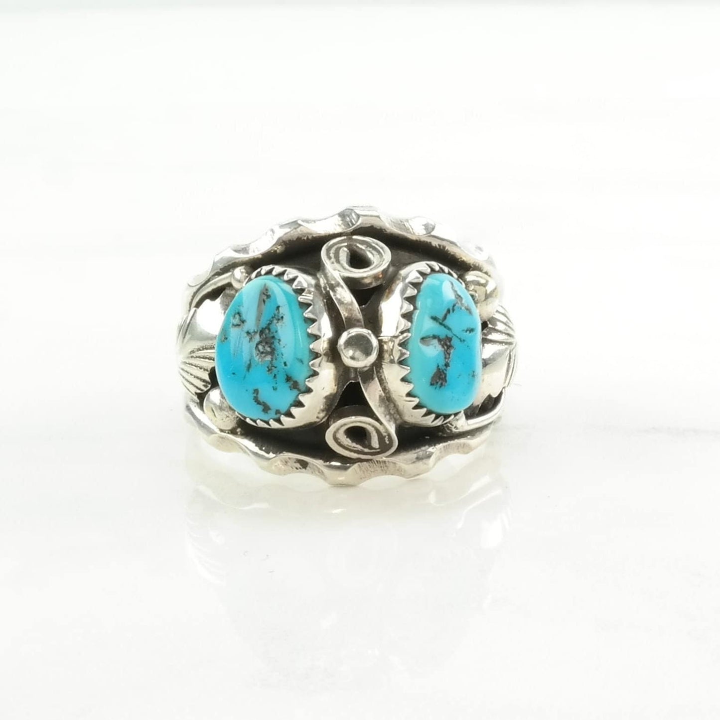 Native American Silver Ring Turquoise Leaf Sterling Blue Size 12 3/4