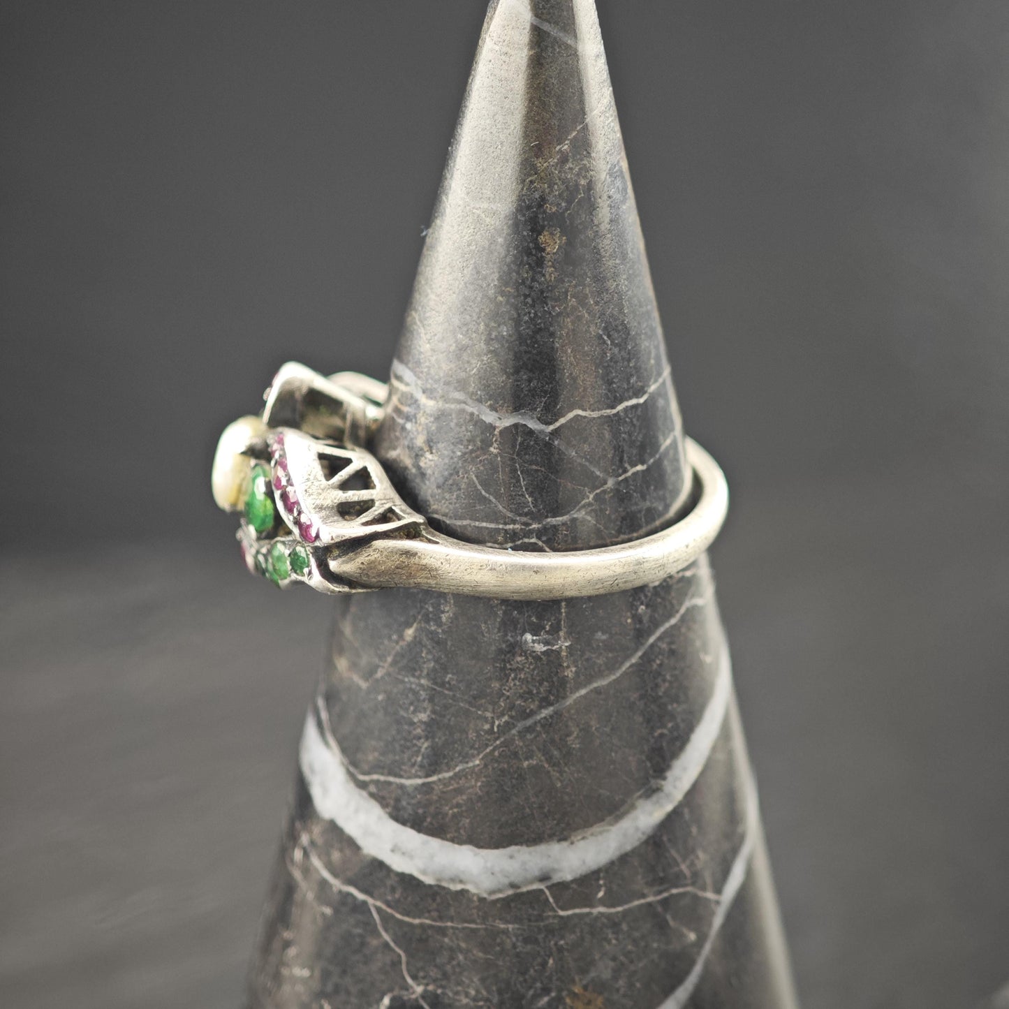 Antique Victorian Emerald Ruby Natural Pearl Ring Sterling Silver Size 6 3/4