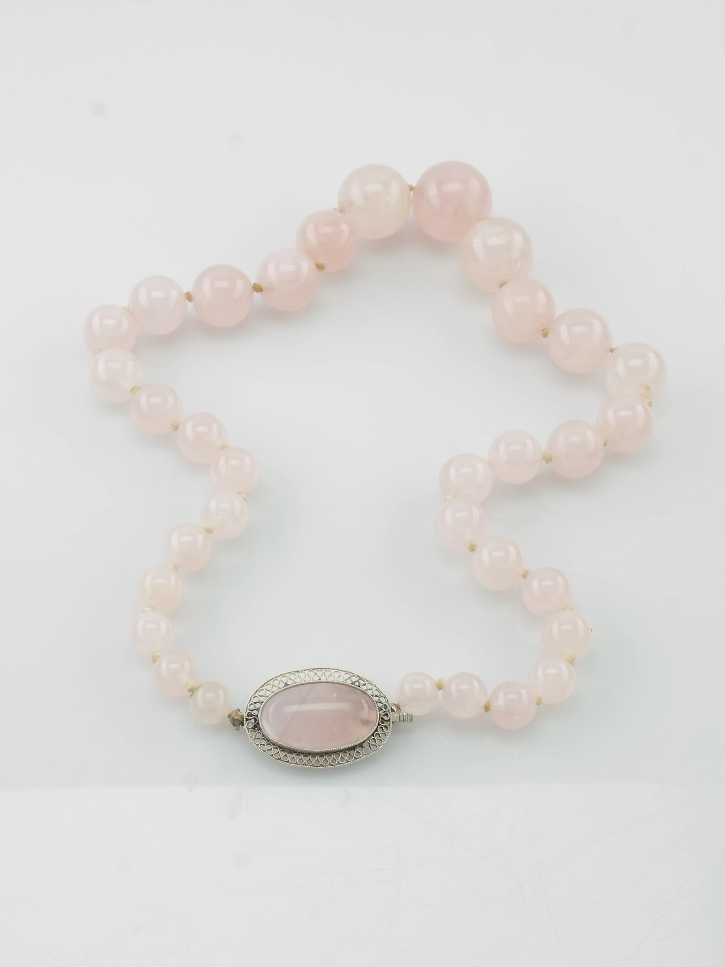 Natural Rose Quartz Filigree Necklace Sterling Silver