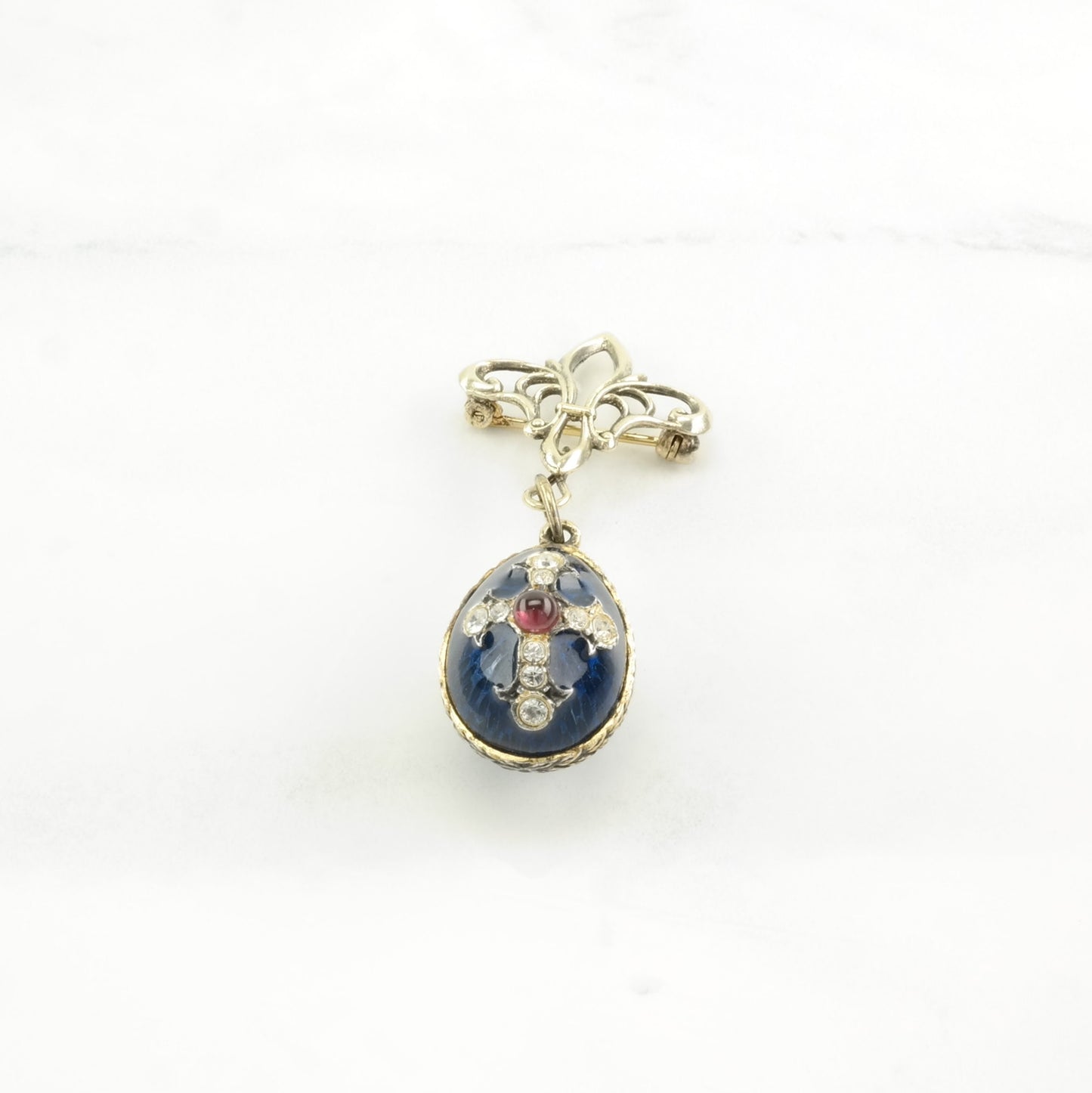 Vintage Soviet USSR Enamel, Garnet Egg, Cross Sterling Silver Pendant