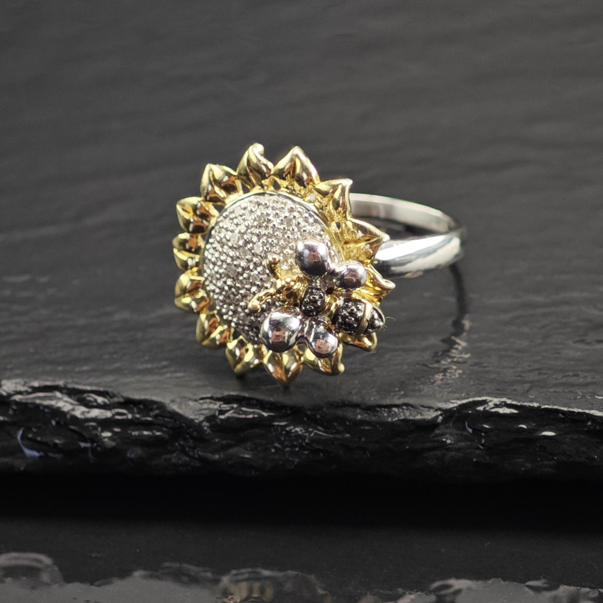Diamond Flower Bee Gold-Plated Accent Sterling Silver Ring Sz 8 3/4 R6734