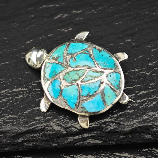 Zuni Sterling Silver Brooch Turtle, Inlay Blue Turquoise