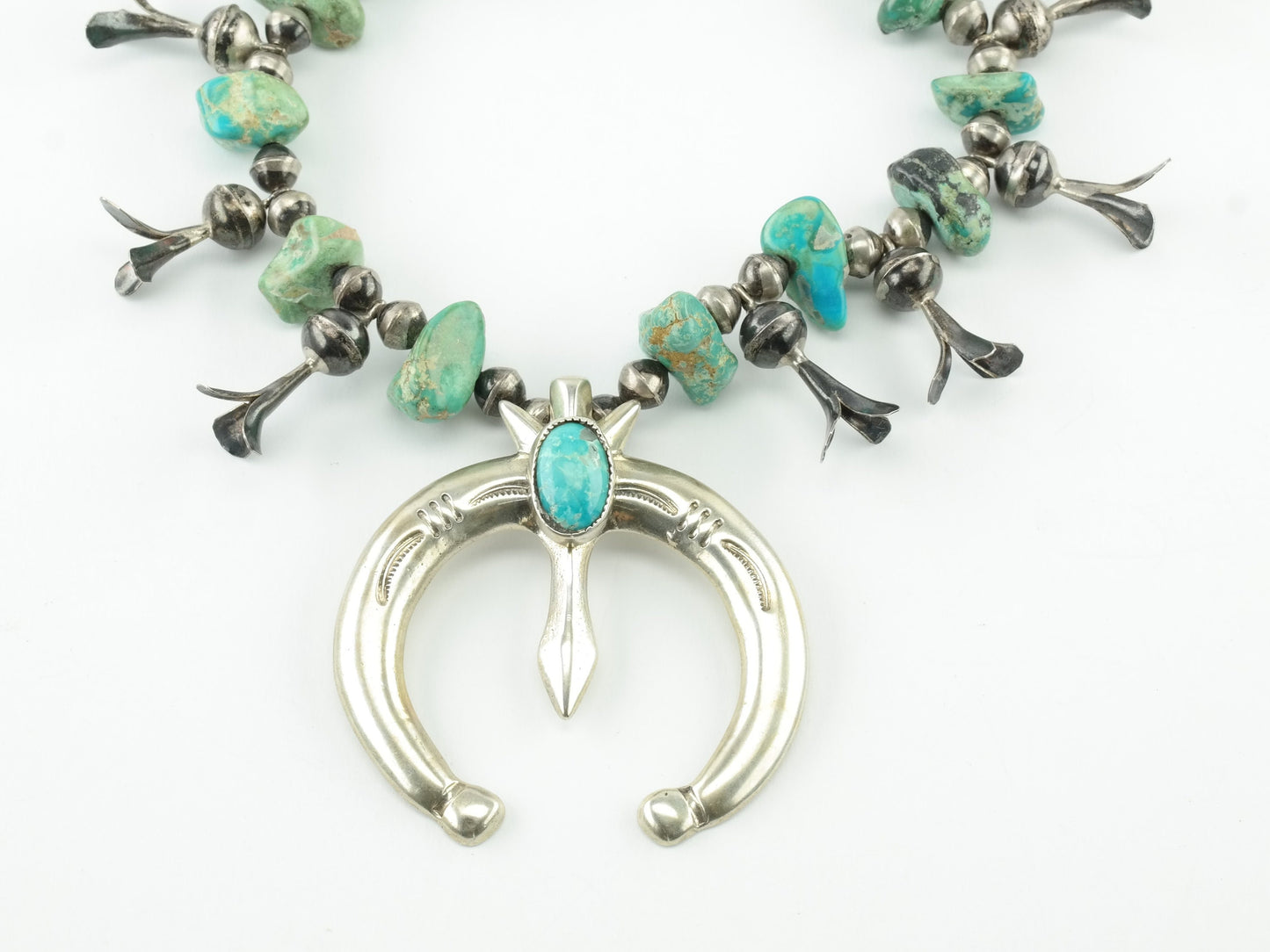 Antique Native American Natural Turquoise Squash Blossom Necklace Sterling Silver