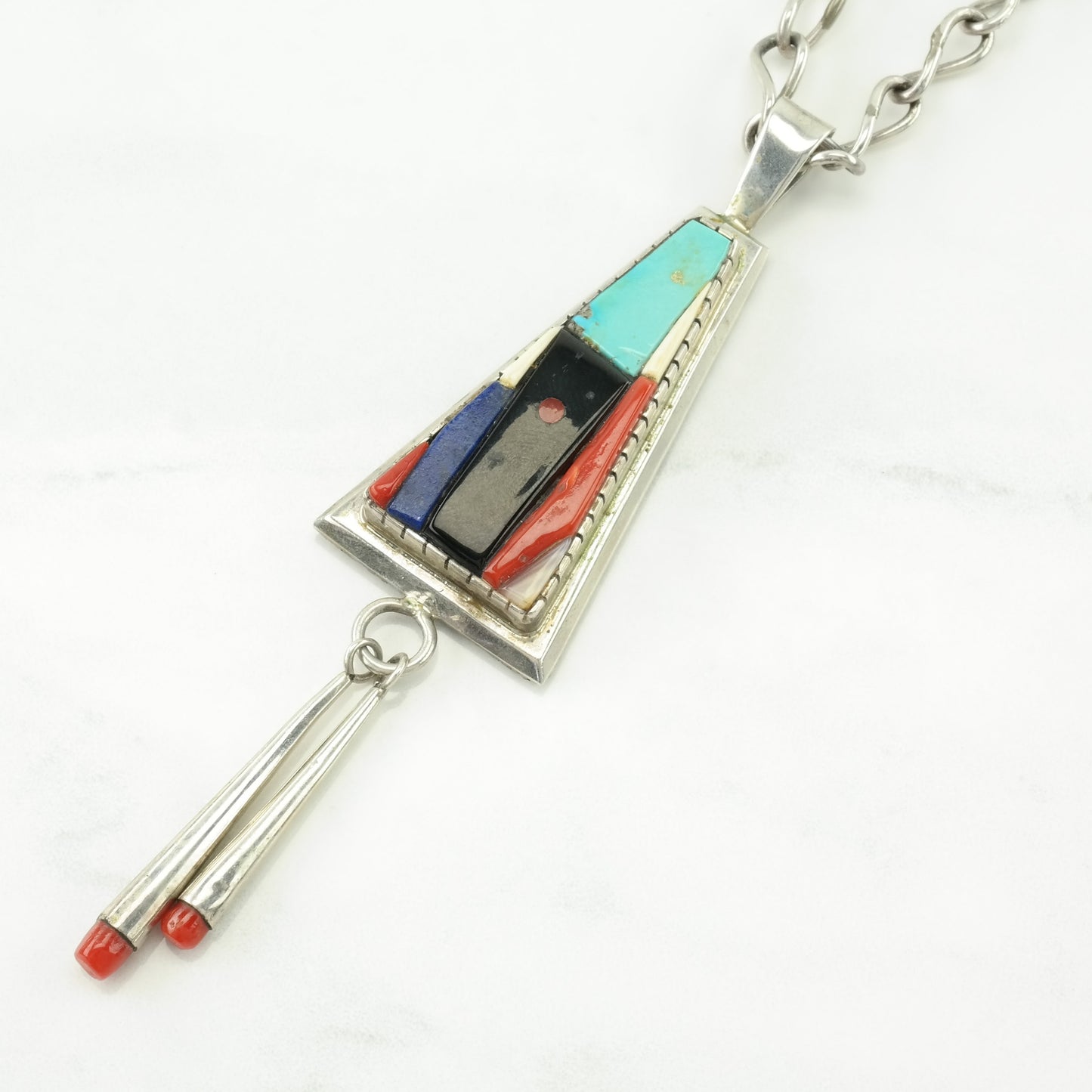 David Tune, Native American Sterling Silver Turquoise, Onyx, Coral Cobblestone Inlay Necklace