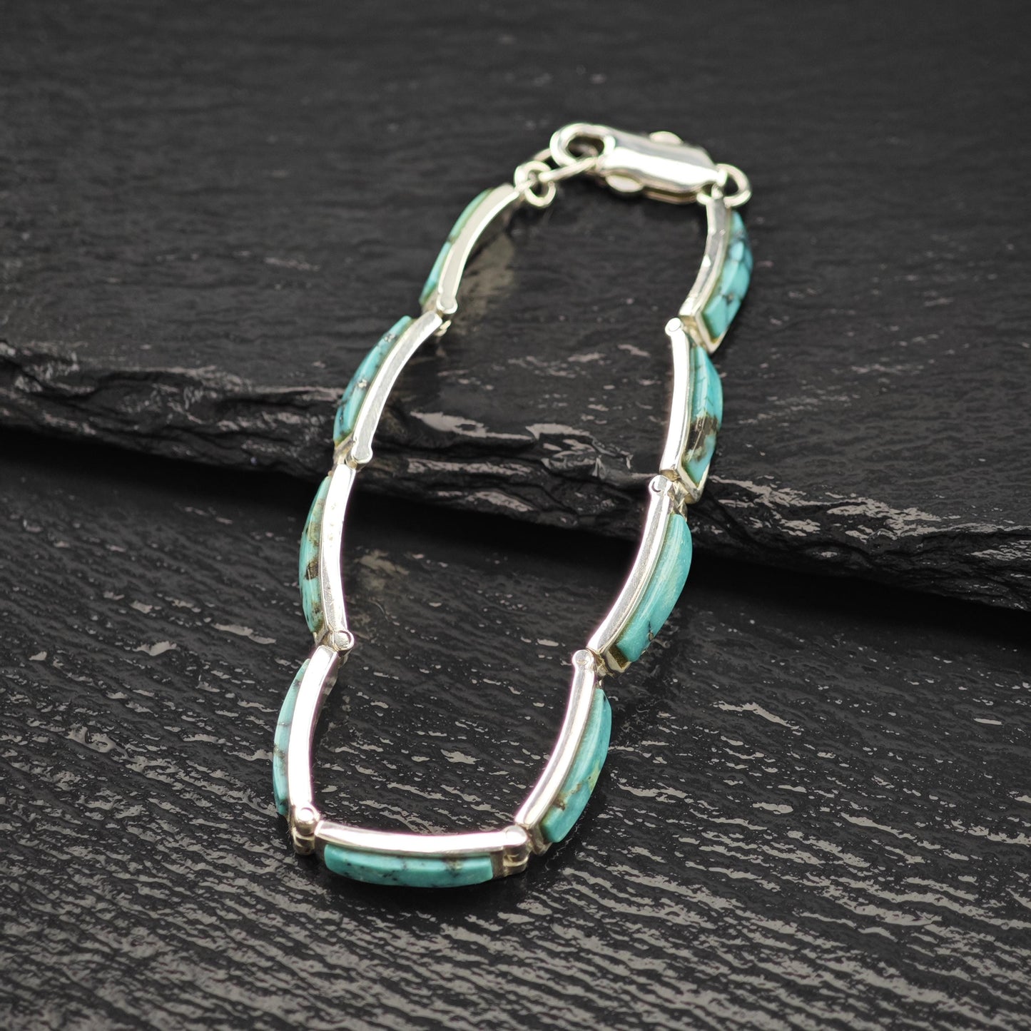 Spiderweb Turquoise Inlay Line Bracelet Sterling Silver Size 6 3/4"