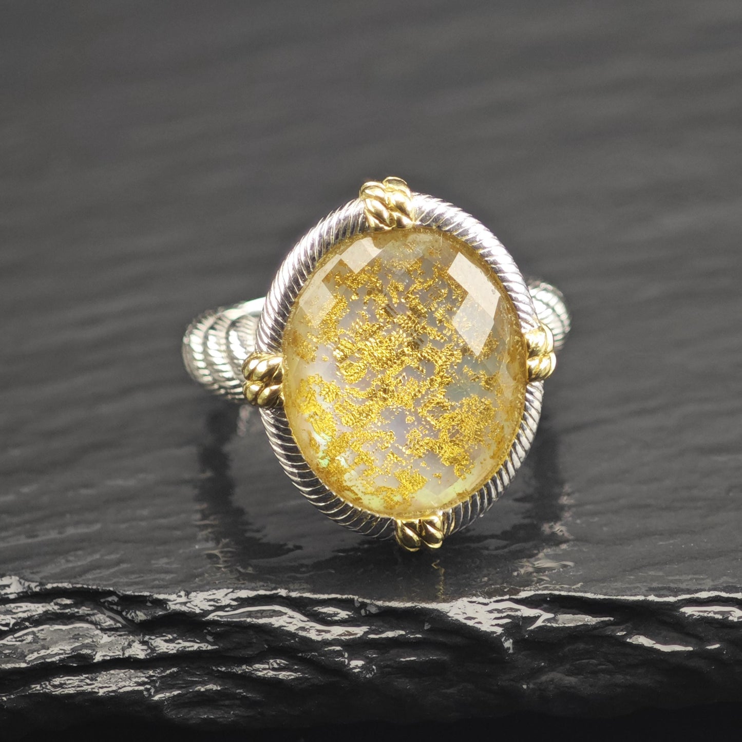 Judith Ripka Gold Flake Quartz Doublet & Gold Accent Sterling Silver Ring Sz 8 R6685