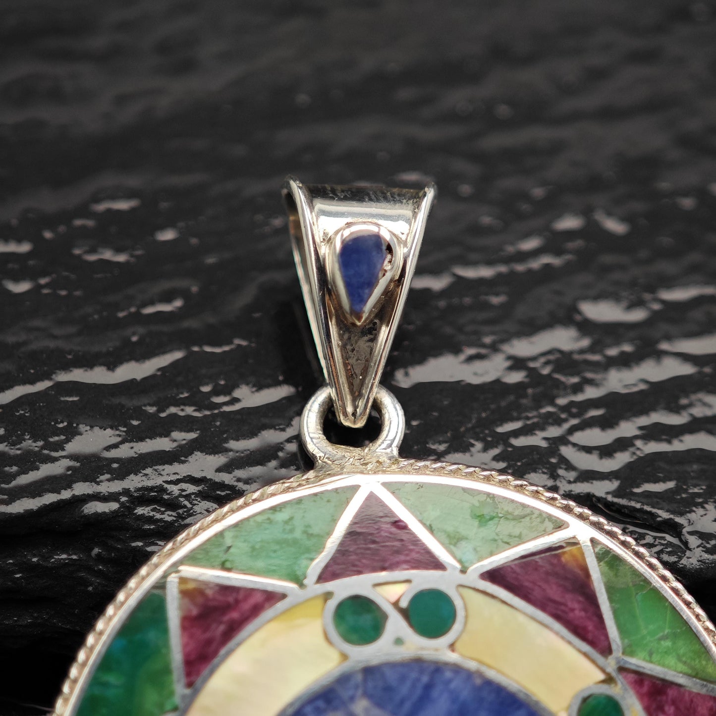 Vintage Gemstone Inlay Tumi Pendant Sterling Silver