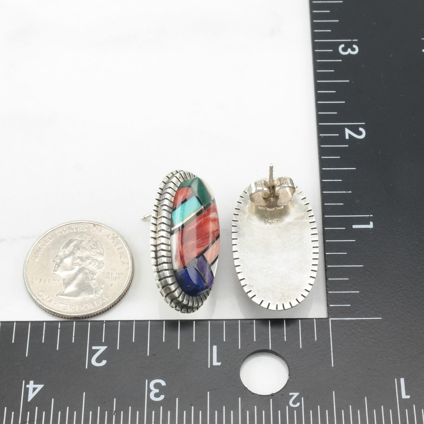 Vintage Native American Inlay Stud Earrings Sterling Silver Turquoise Spiny Oyster Lapis