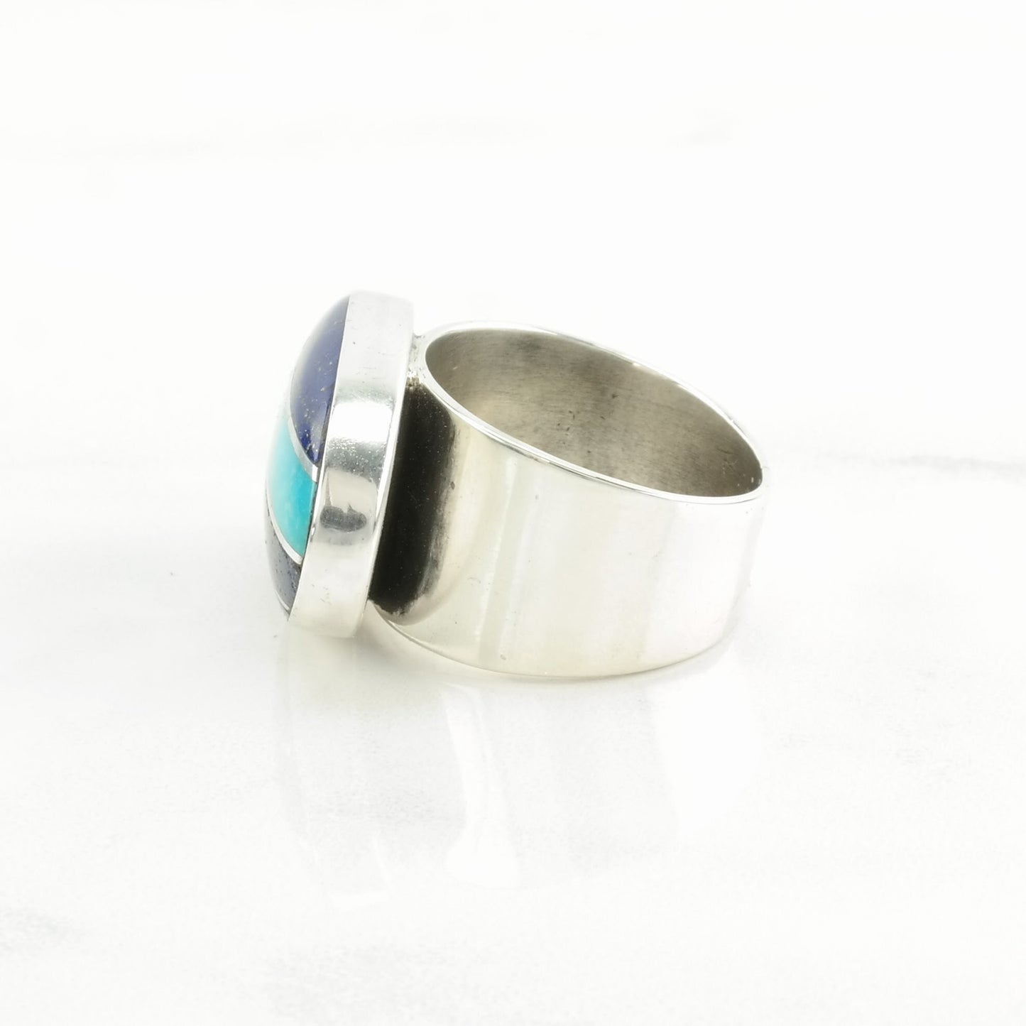 DTR Silver Ring Turquoise, Lapis Lazuli Inlay, Striped Sterling Blue Size 7 1/4