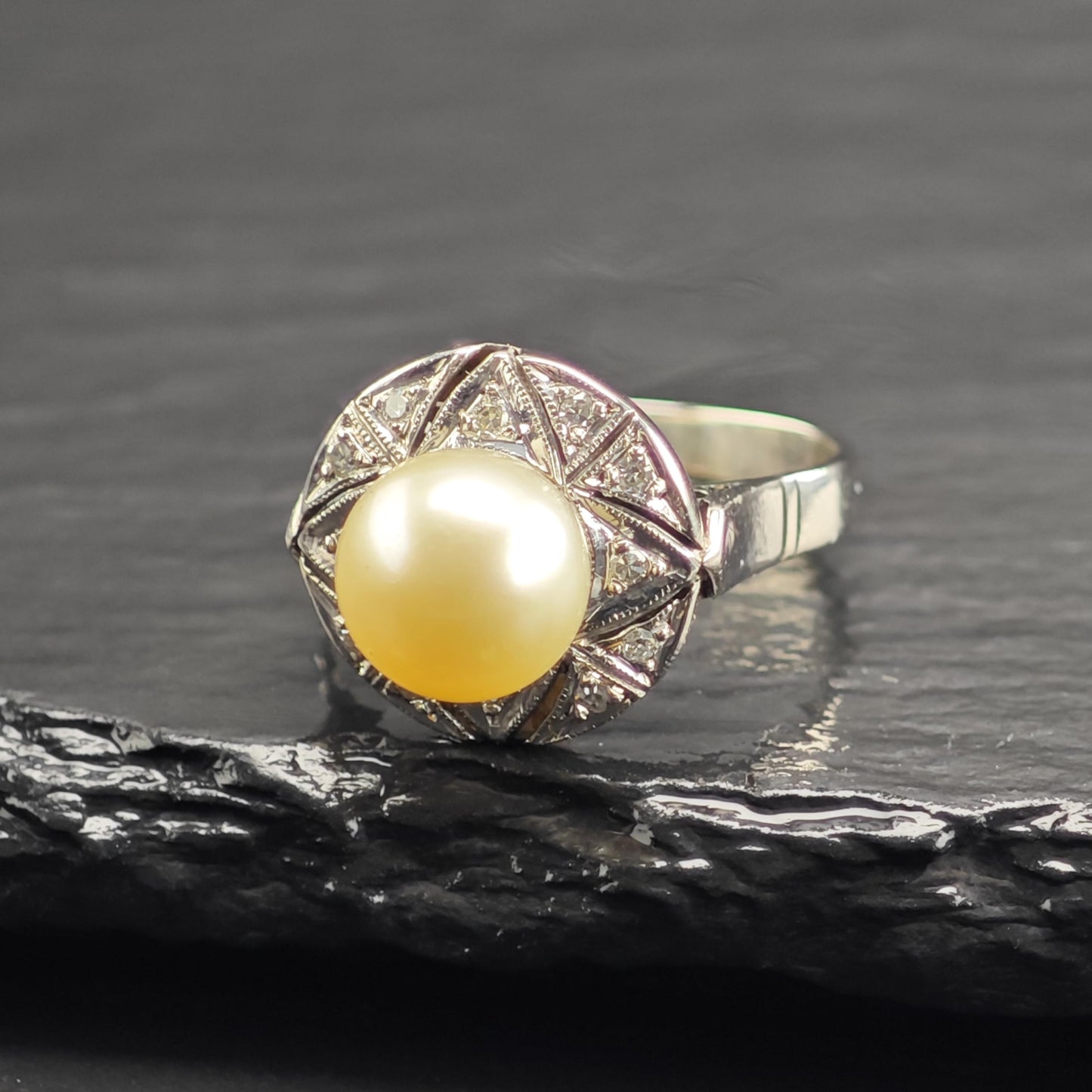 Art Deco Pearl Diamond Palladium Silver Ring Sz 6 1/2 R6715