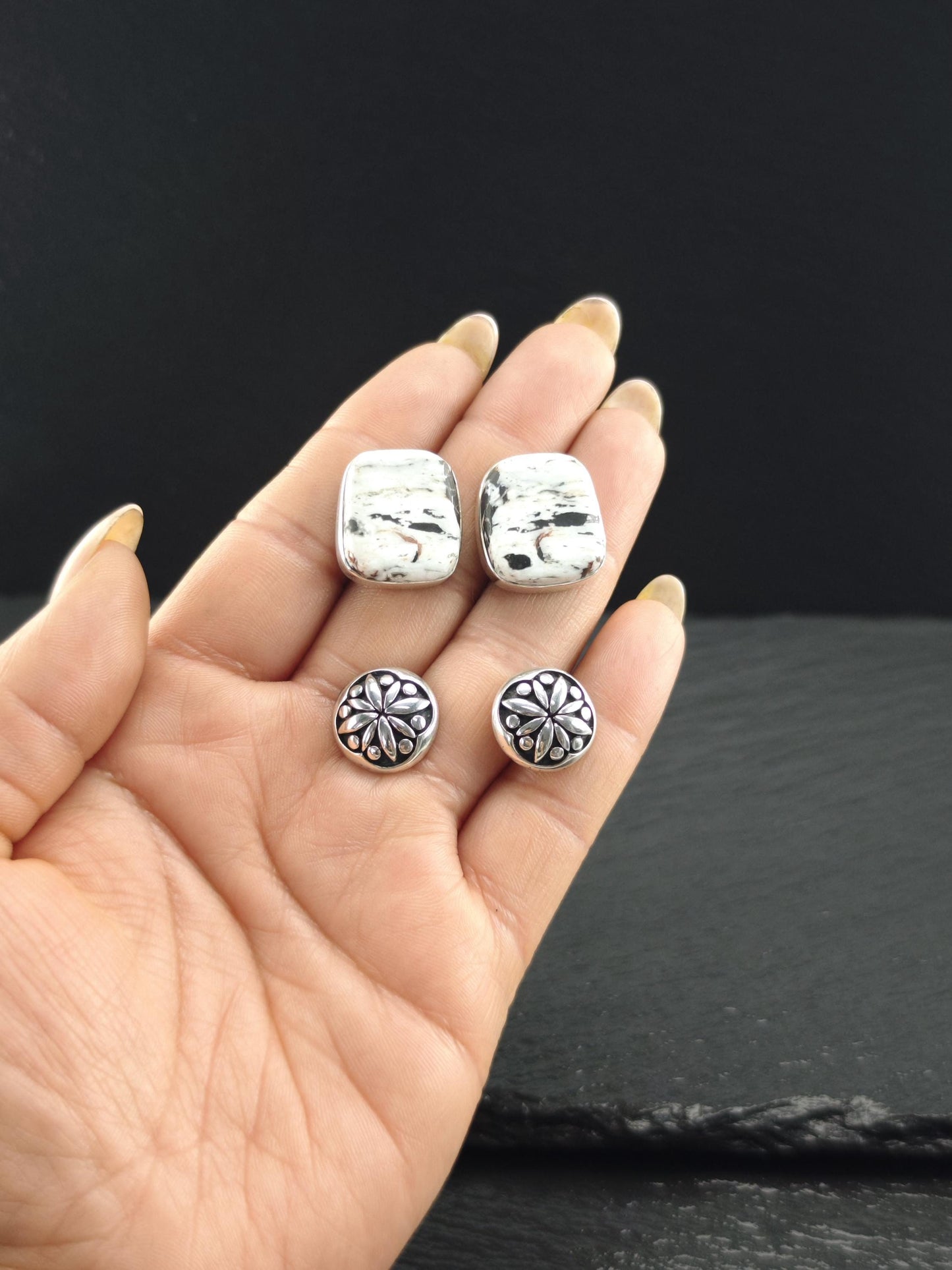 Peyote Bird Multi-color White Buffalo Stud Earrings Sterling Silver