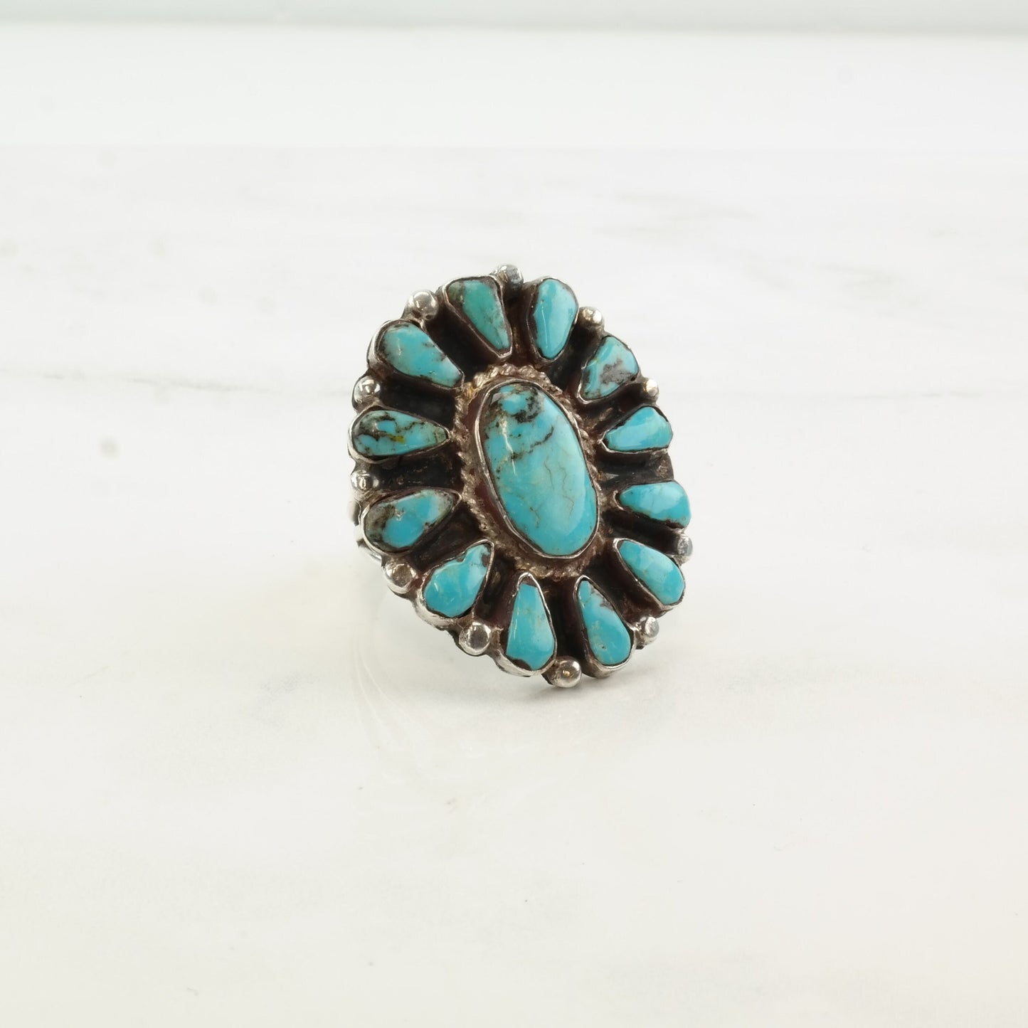 Native American Silver Ring Turquoise Cluster Sterling Size 9