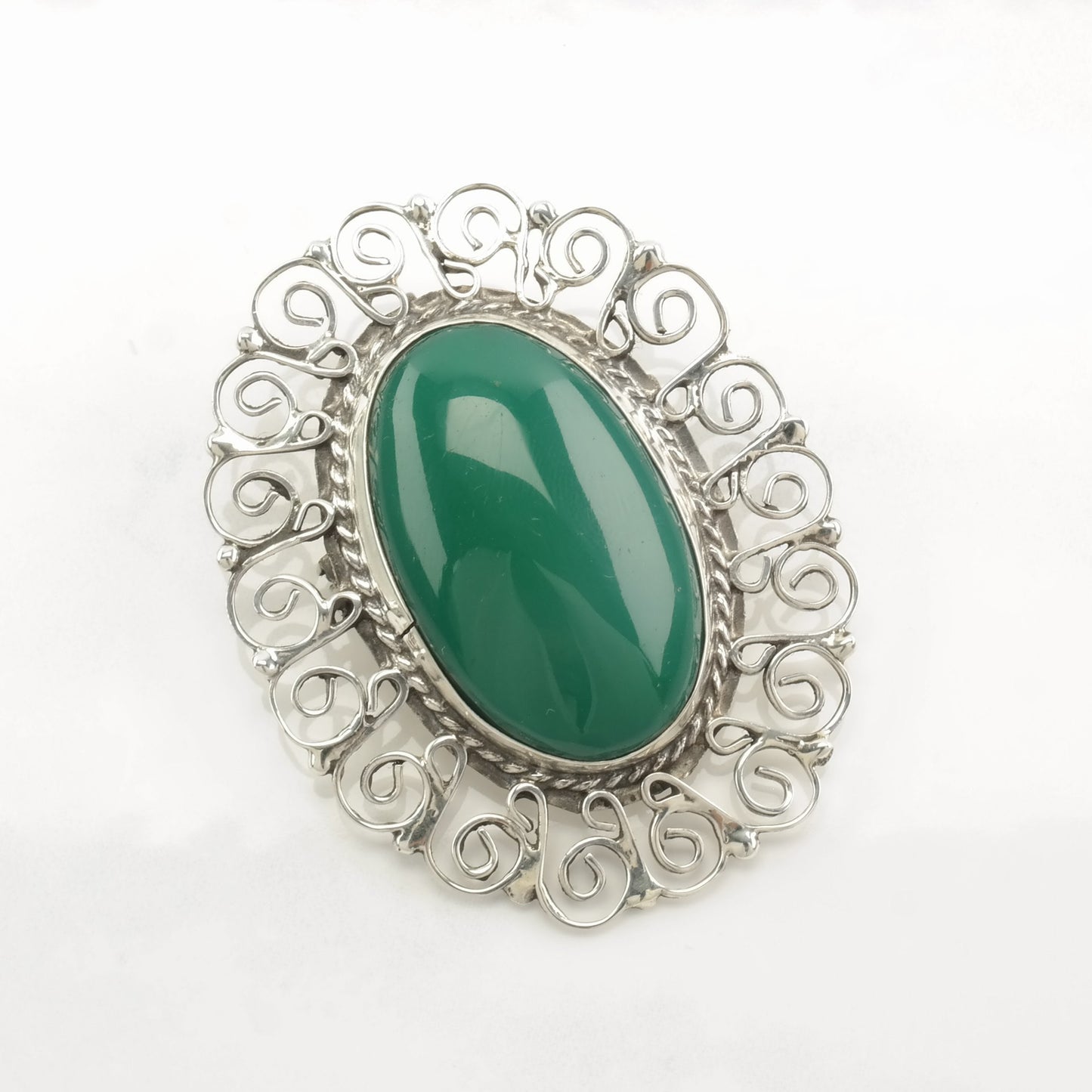 Mexican Sterling Silver Brooch Pendant Scroll Green Onyx