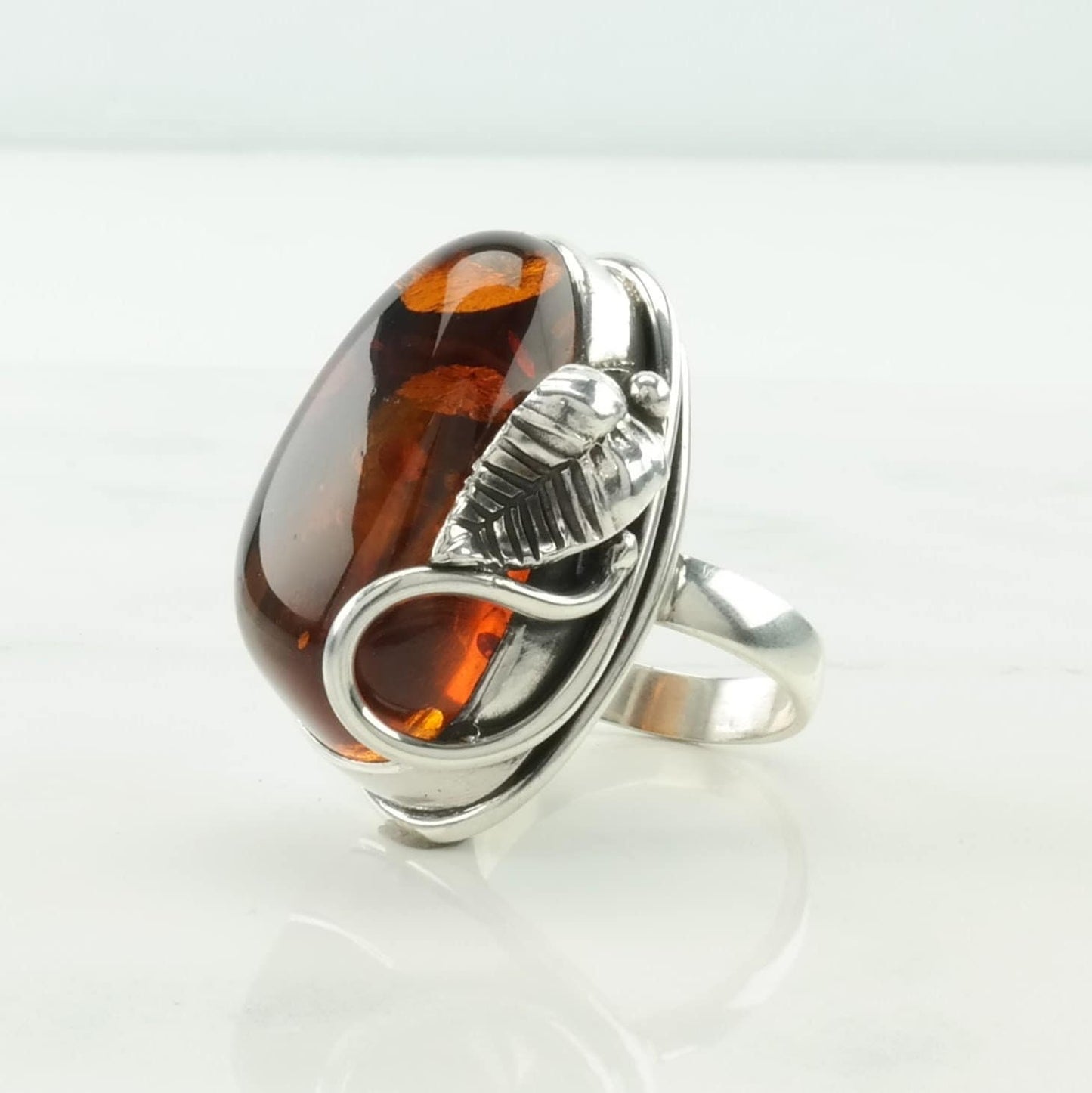 Poland Silver Ring Amber Leaf Sterling Orange Size 8