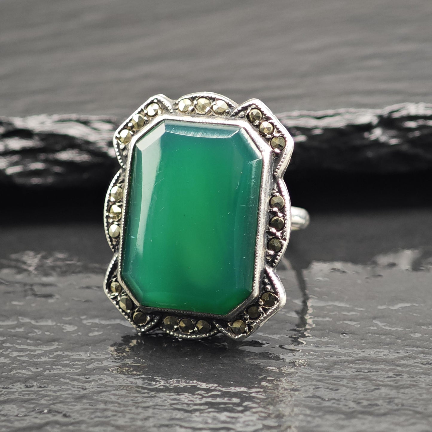 Uncas Art Deco Chrysoprase Sterling Silver Ring Sz 4 1/2 R6701