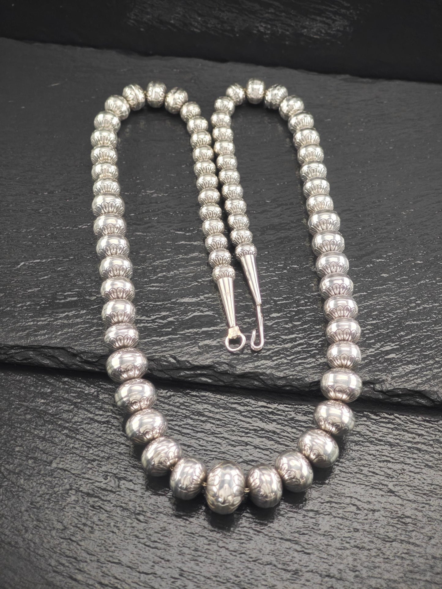 Native 17-8mm, Graduated Stamped Beaded, Necklace Sterling Silver N2512