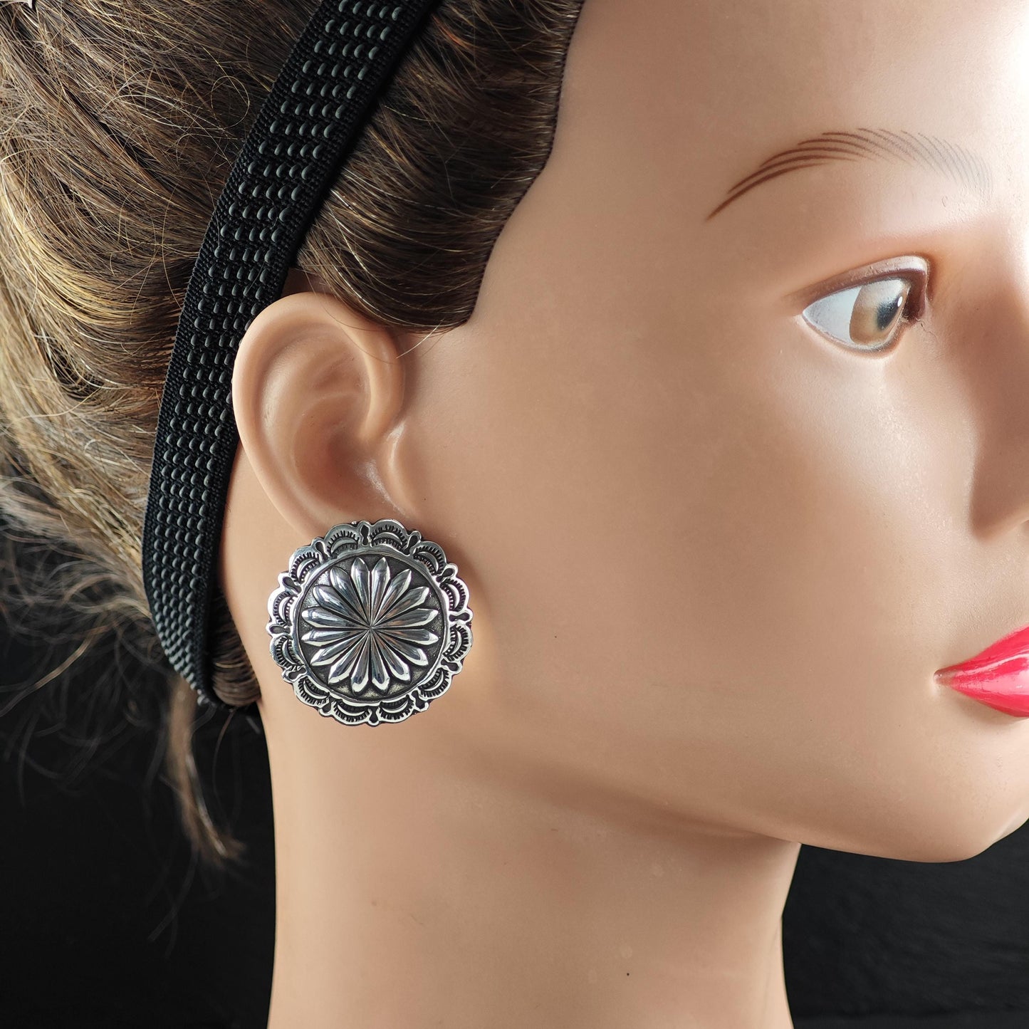 Vintage Concho Round, Shield Stud Earrings Sterling Silver