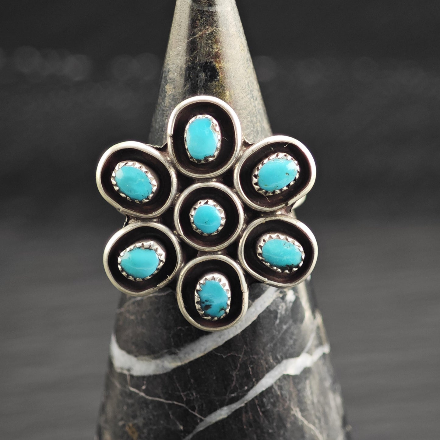 Vintage Native American Turquoise Flower Sterling Silver Ring Sz 7 3/4 R6646