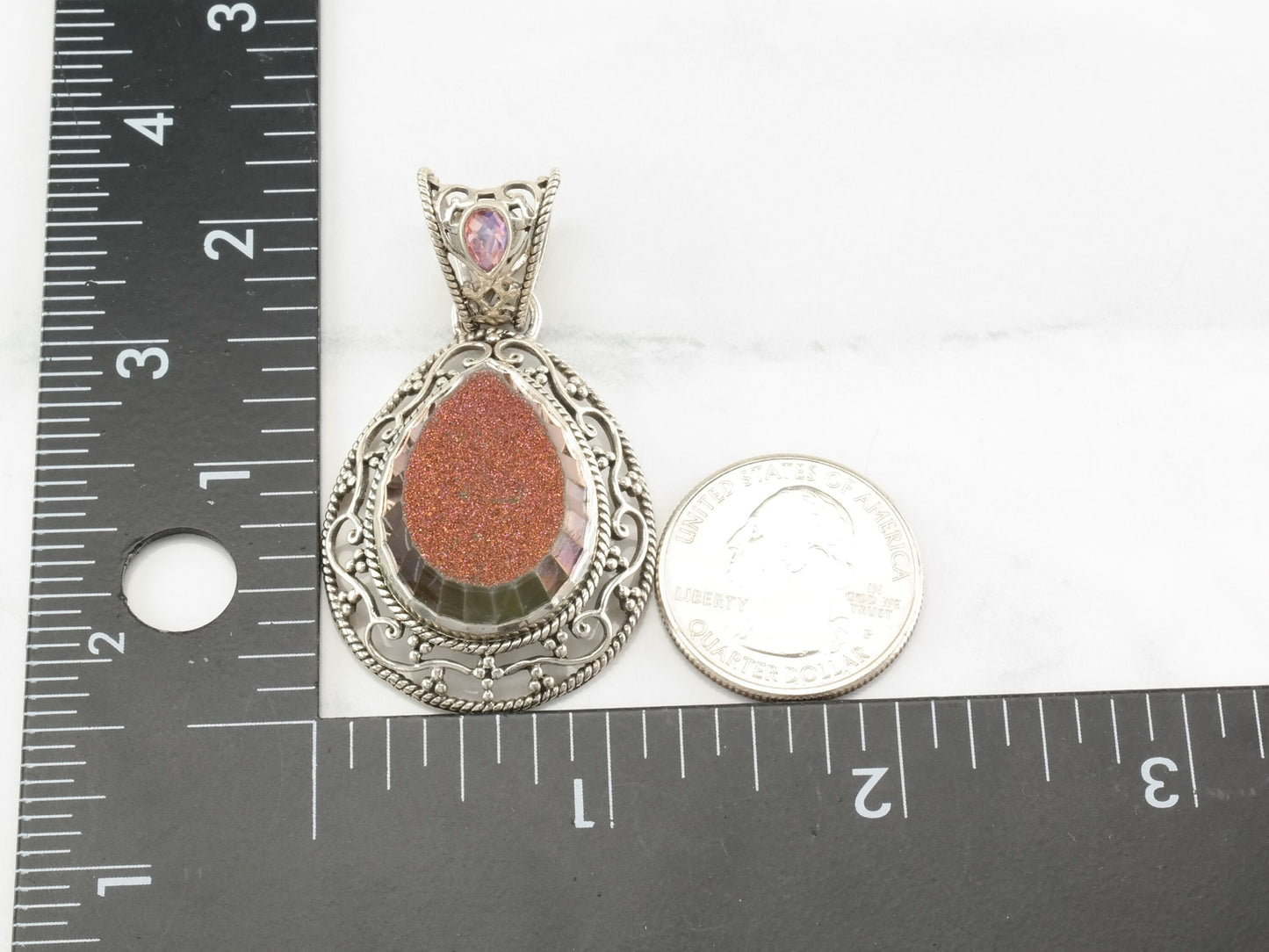 Vintage Sterling Silver Druzy Filigree Pink Pendant