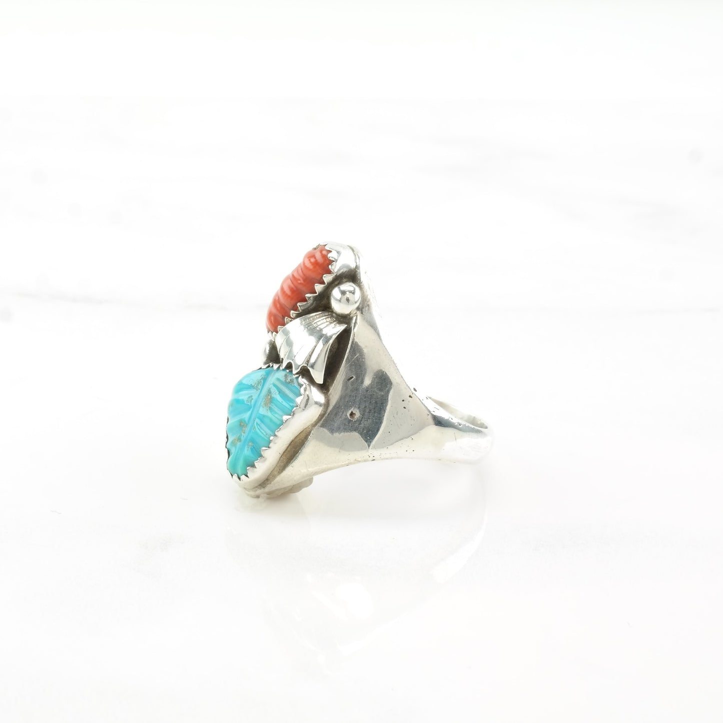 Loyolita Tsattie Zuni Silver Ring Turquoise Coral Carved Leaf Sterling Size 9 1/4