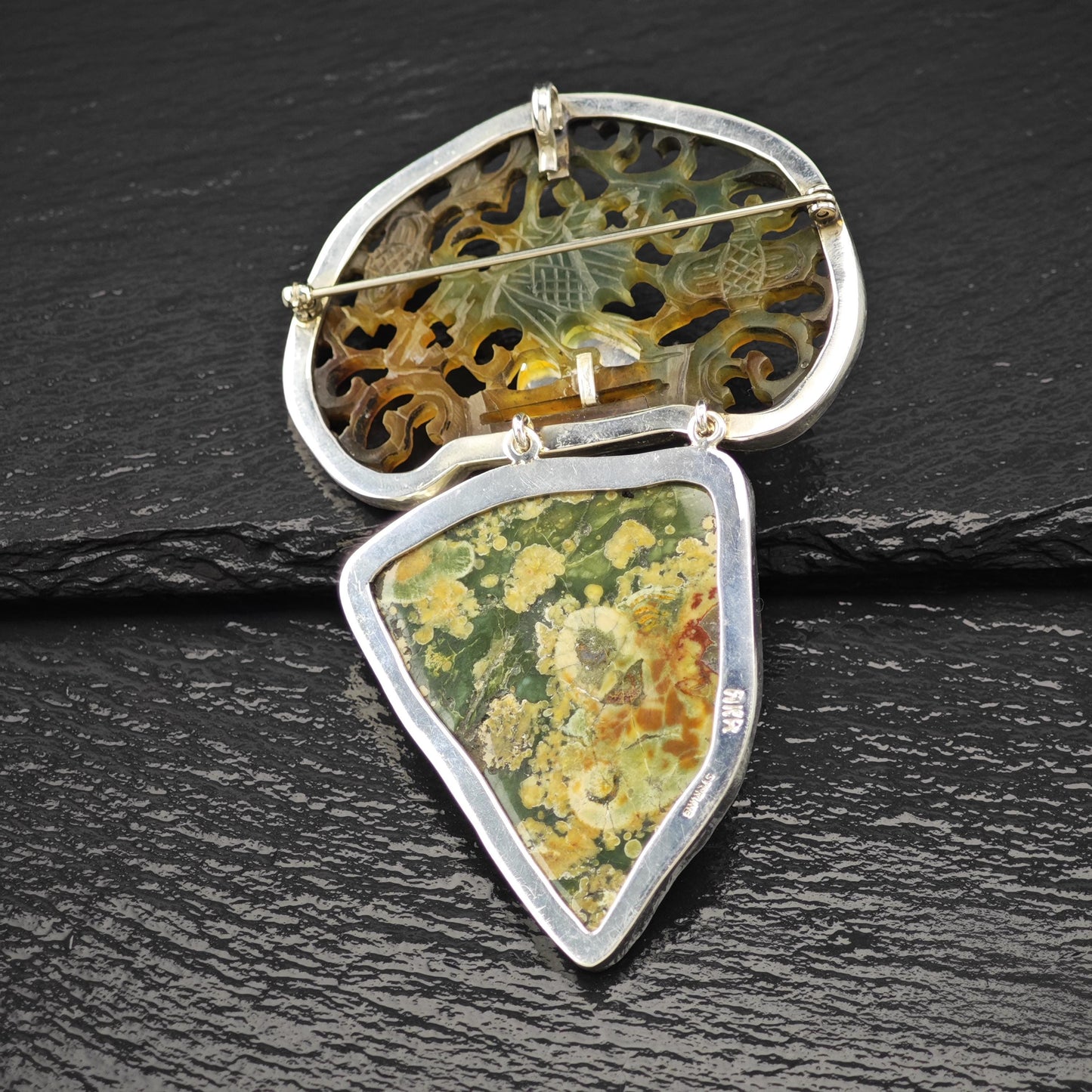 AKR Sterling Silver Brooch Pendant Carved Multi-color Averturine Jasper B2145