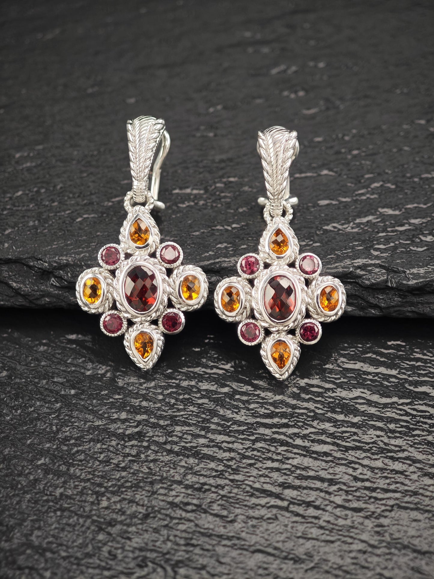 Judith Ripka Garnet Citrine Floral Sterling Silver Omega Back Earrings