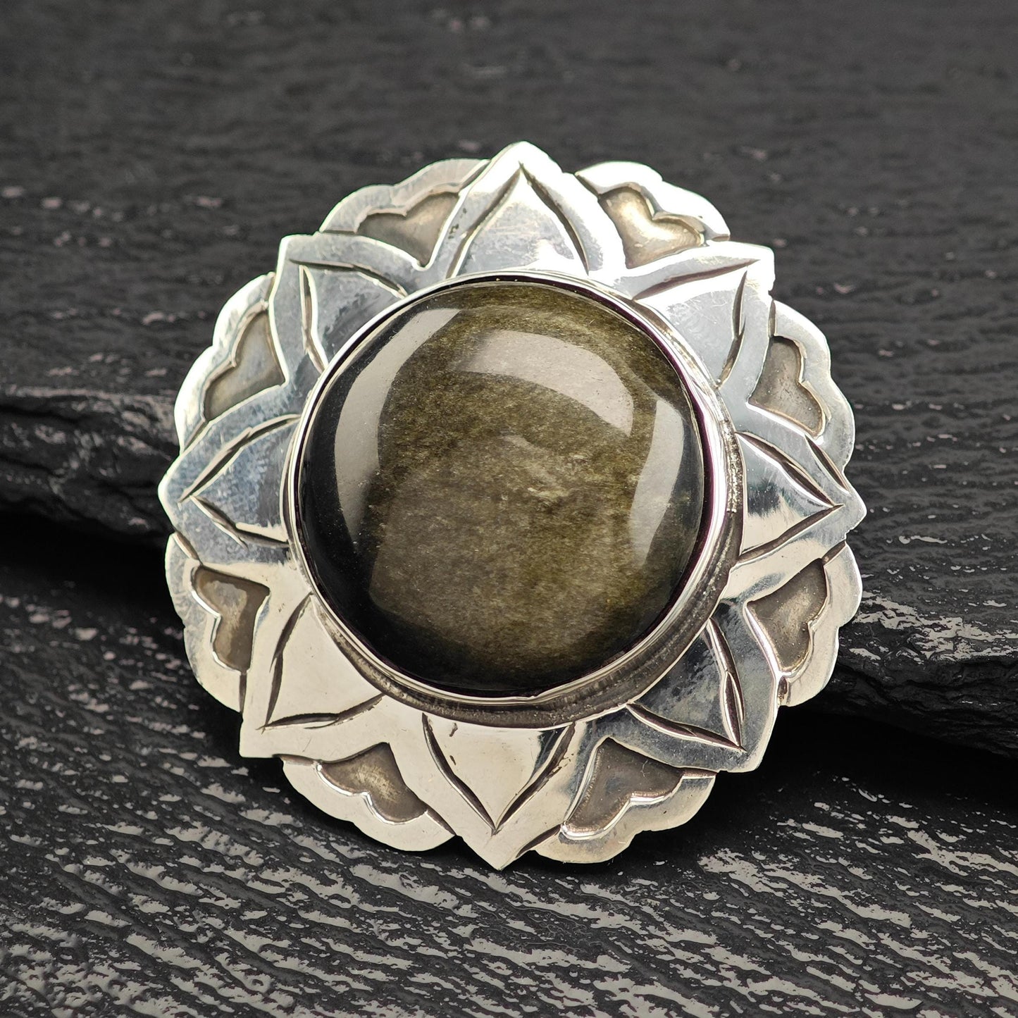 Vintage Taxco, Golden Sheen Obsidian Floral Pendant/Brooch Sterling Silver