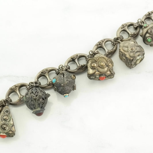 Etruscan Revival Sterling Silver Charm Bracelet Faux Turquoise, Coral, Carnelian