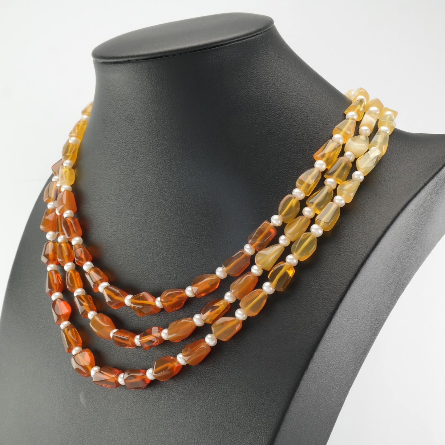 Mexican Fire Opal, Pearl Beaded Necklace 14K Yellow Gold N1781