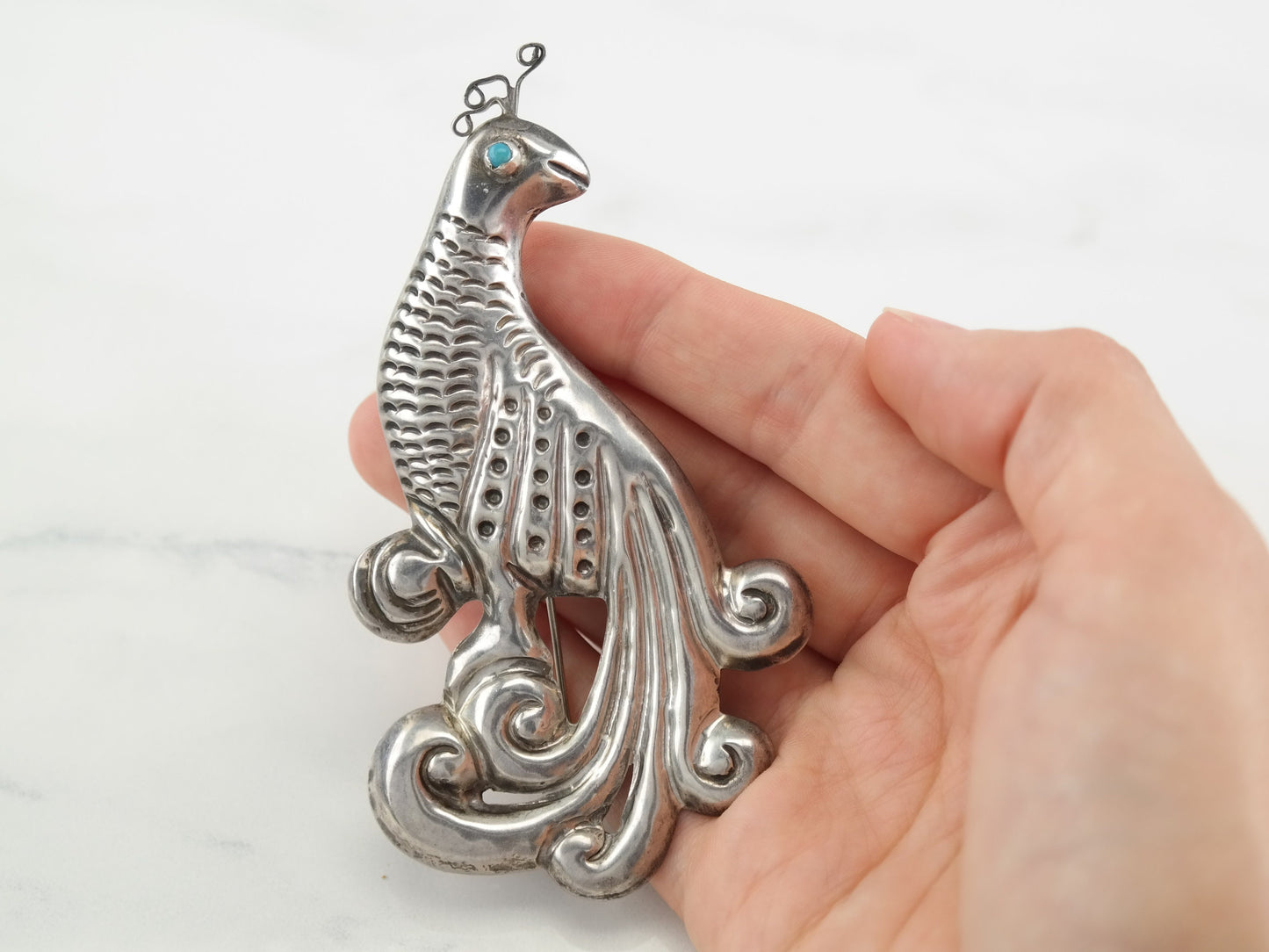 Vintage Sterling Silver Peacock Brooch