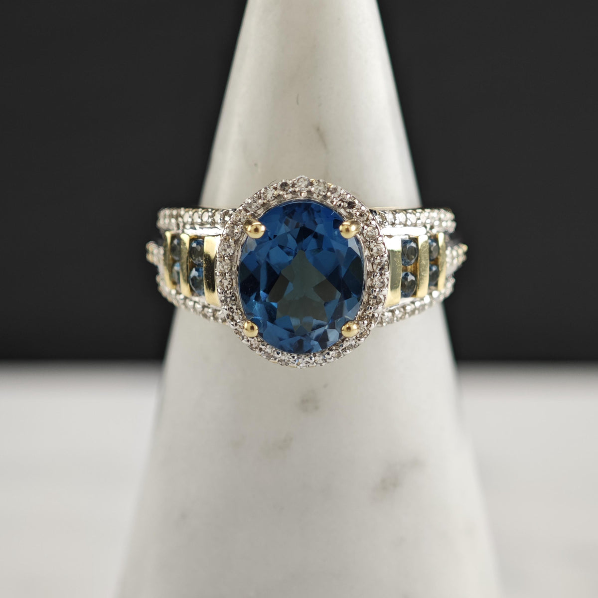 London Blue Topaz & Diamond 14K Gold Ring Sz 7 R6795