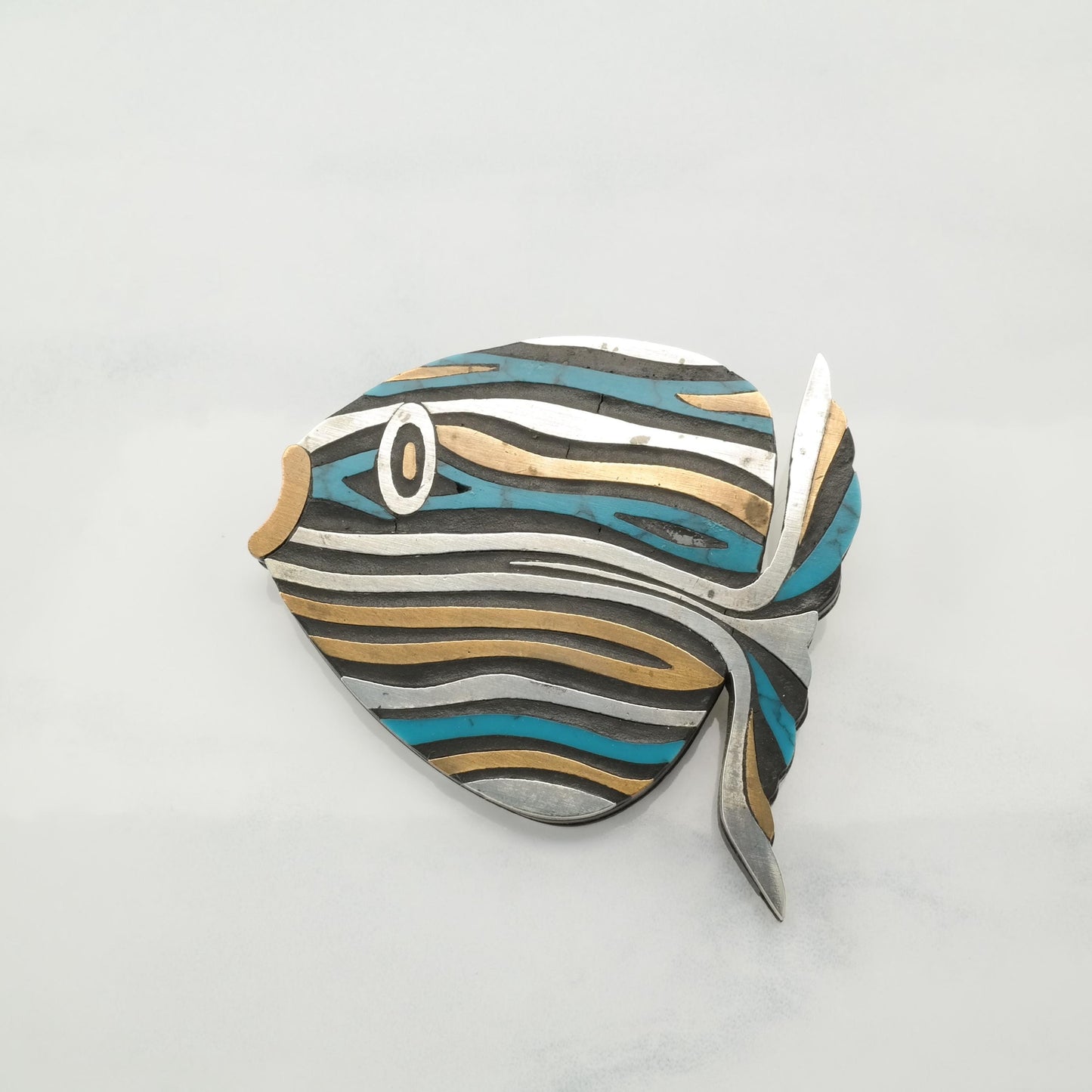 Tono Sterling Silver Brooch Fish, Brass Block Turquoise Inlay