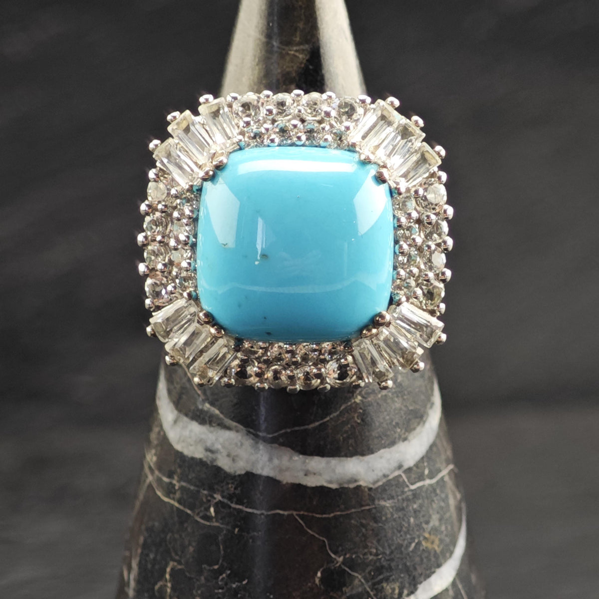 Square Turquoise Topaz Princess Diana Sterling Silver Ring Sz 7 R6735