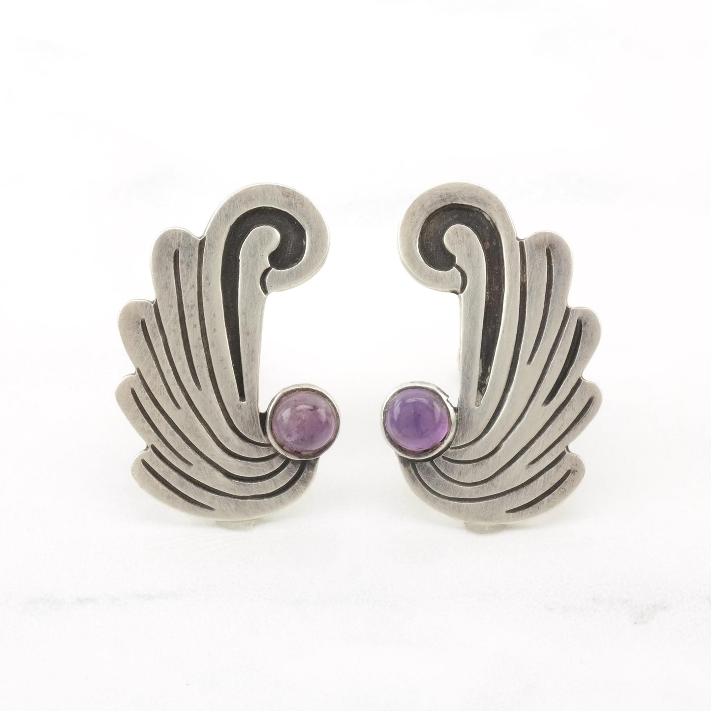 Vintage Taxco Amethyst Sterling Silver Screw Back Earrings Wings or Waves