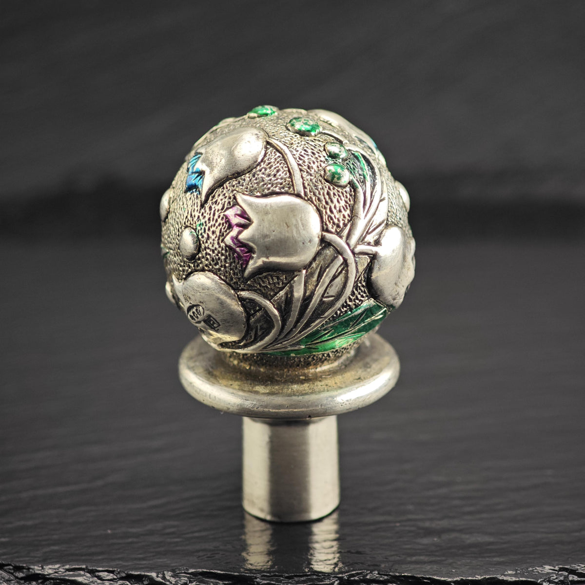 Antique Sterling Silver Floral Enamel Accent Bottle Stopper 800 Silver MISC0396