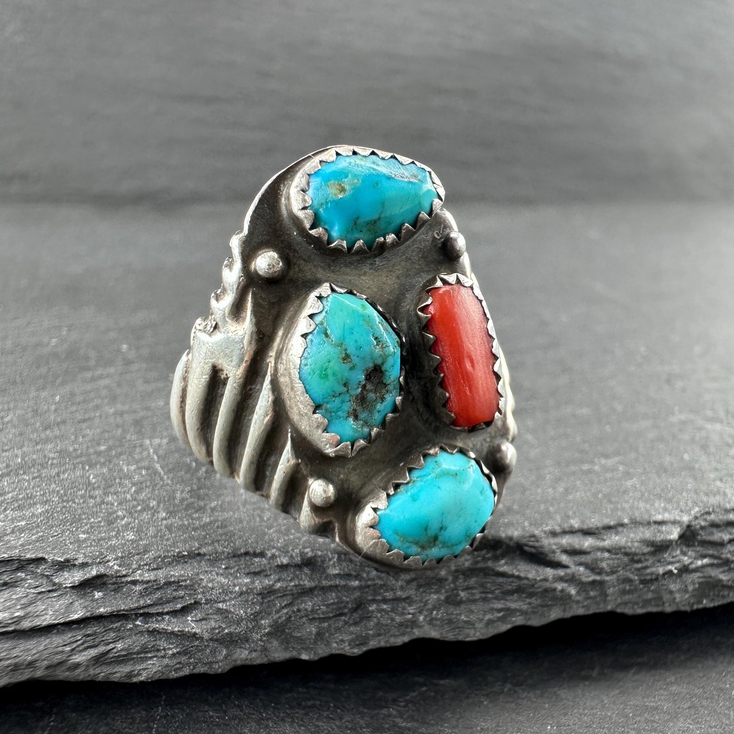 Native American, Coral, Turquoise Ring Sterling Silver
