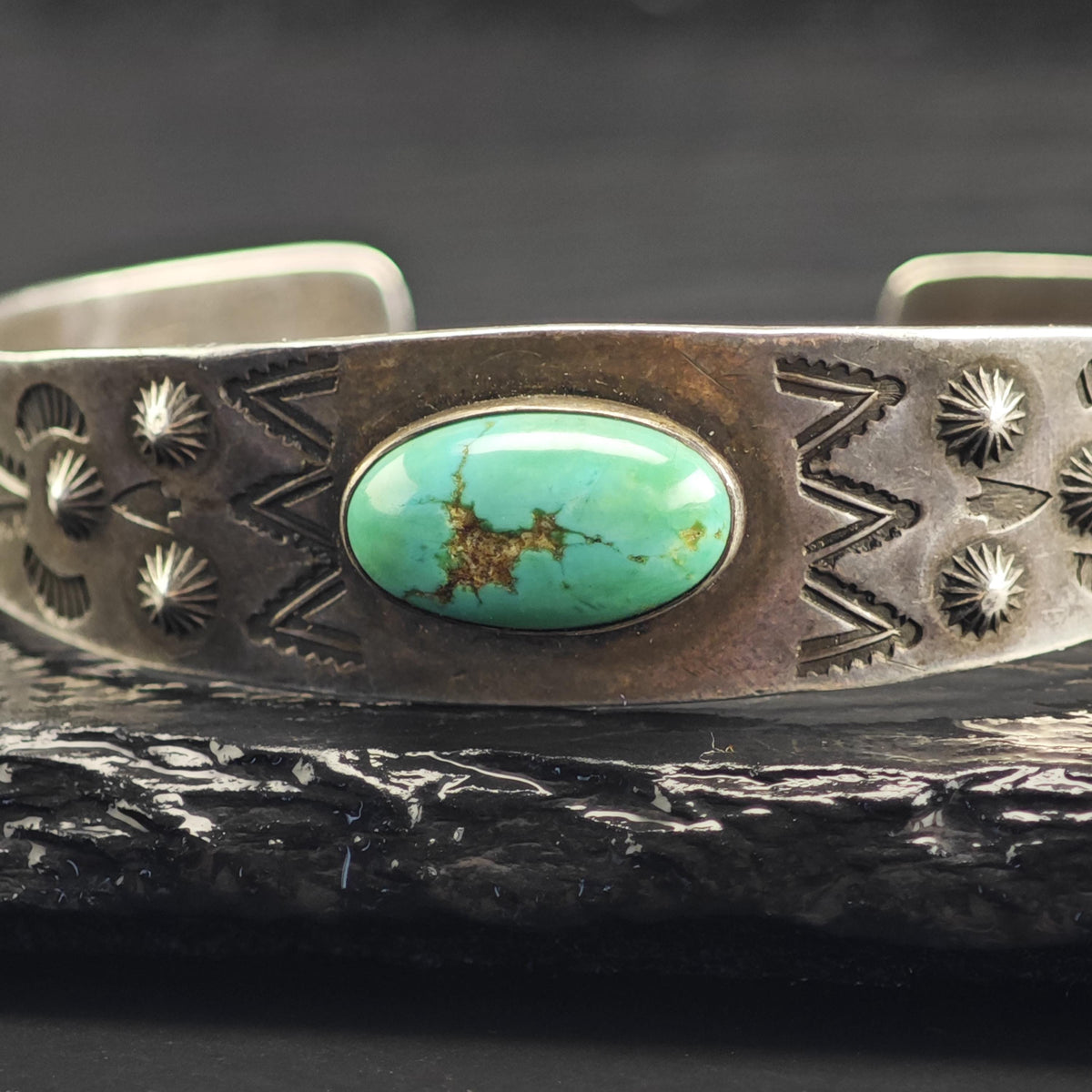 Fred Harvey Era Blue Gem Turquoise Stamped Sterling Silver Cuff Sz 6 1/4" BR3116