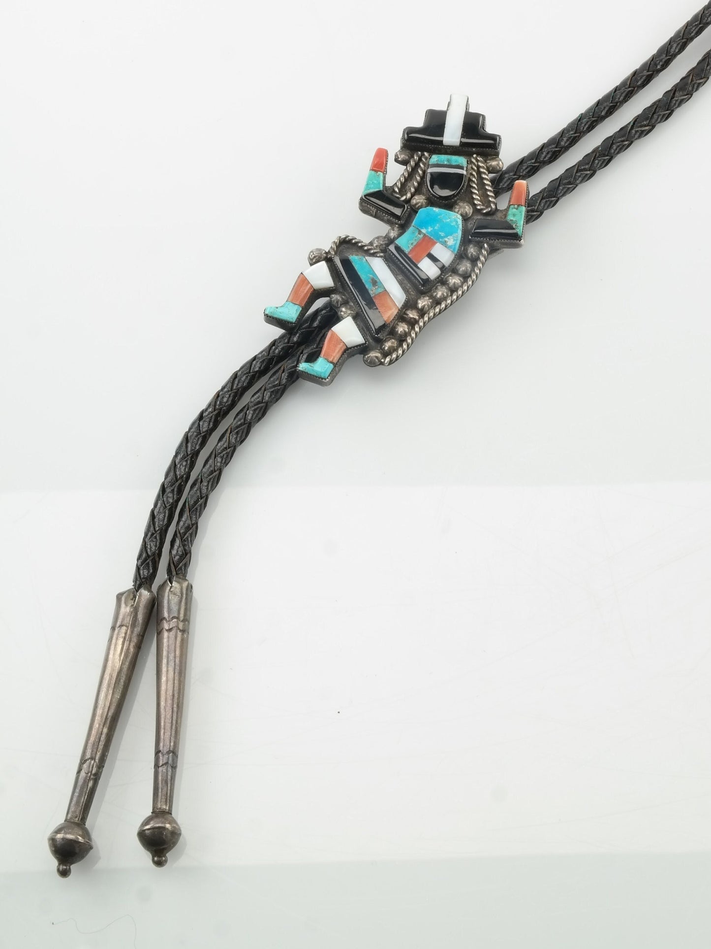 Zuni Turquoise Inlay Rain Dancer Bolo Tie Necklace Sterling Silver