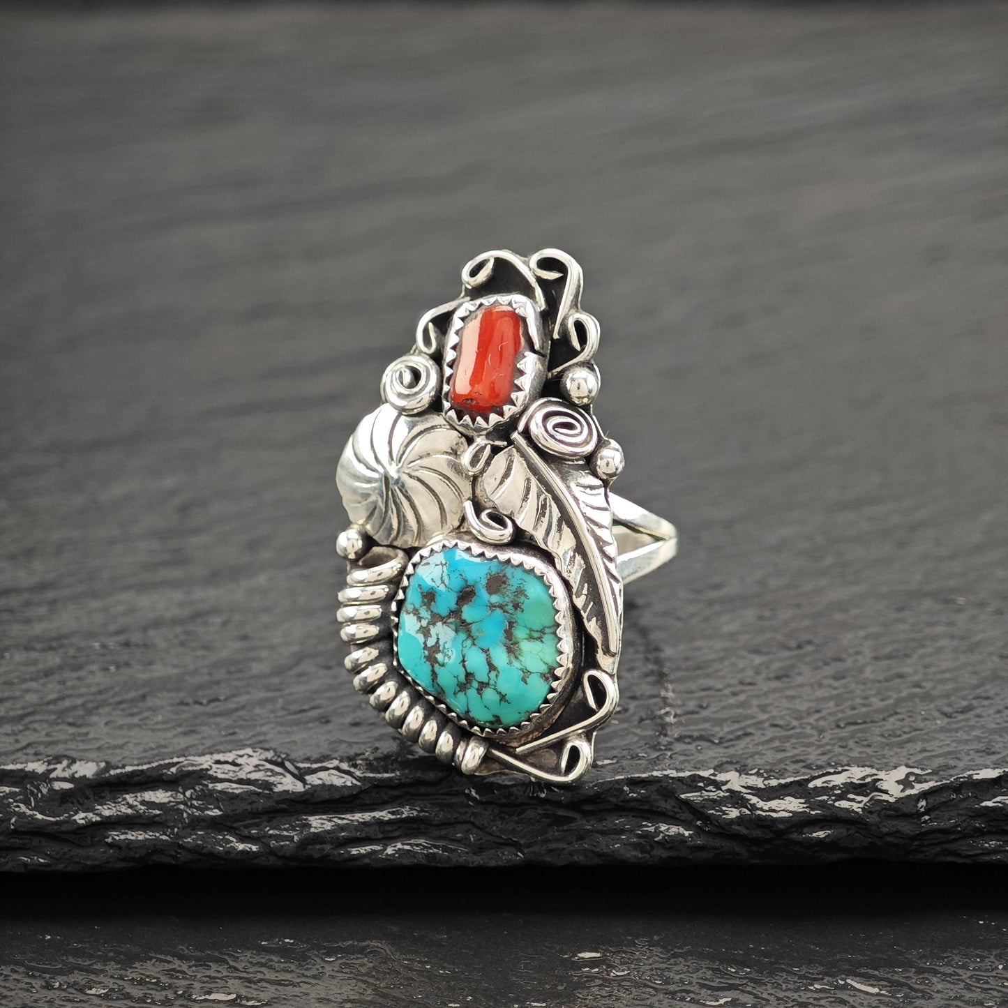 Native American Turquoise Coral Ring Sterling Silver R5825